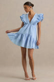 Judie Blue Poplin V Neck Ruffled Mini Dress