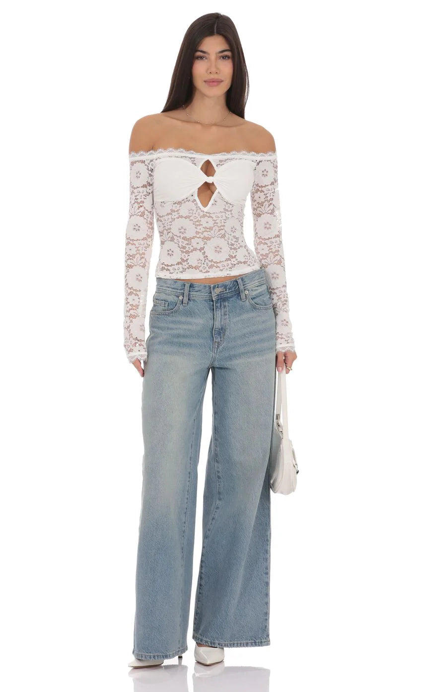 Lace Off Shoulder Twist Top in White
