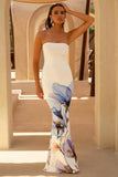 Ceremony Soft Blue Placement Floral Print Bandeau Fishtail Maxi Dress