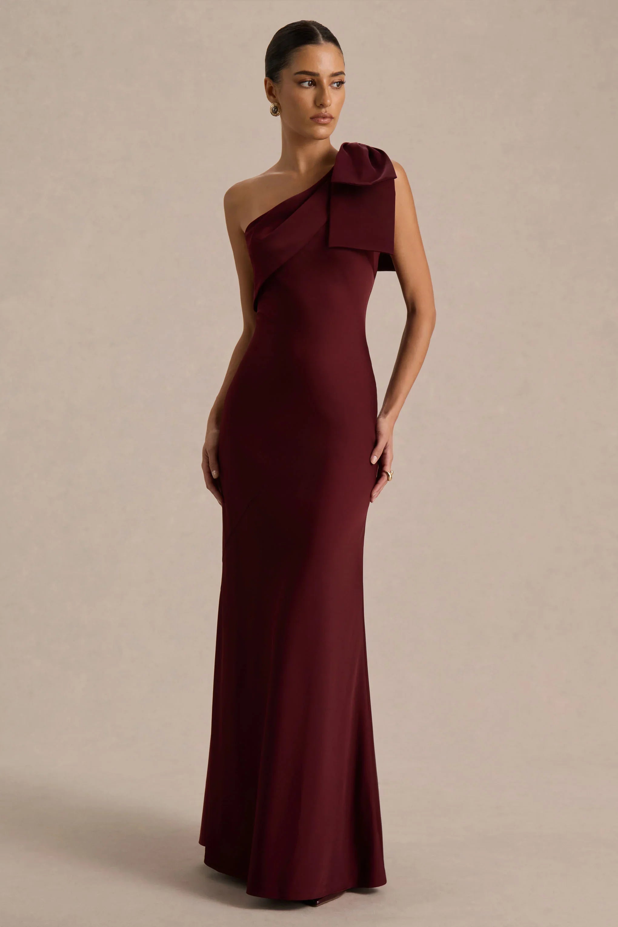 Josephine Burgundy Matte Satin Asymmetric Neck Maxi Dress With Bow Detail