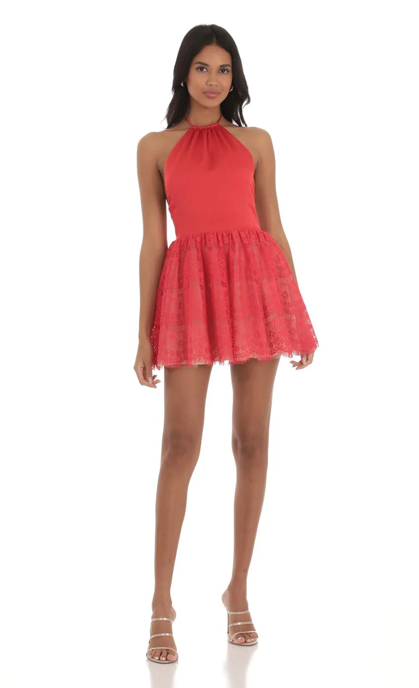 Lace Halter Dress in Red