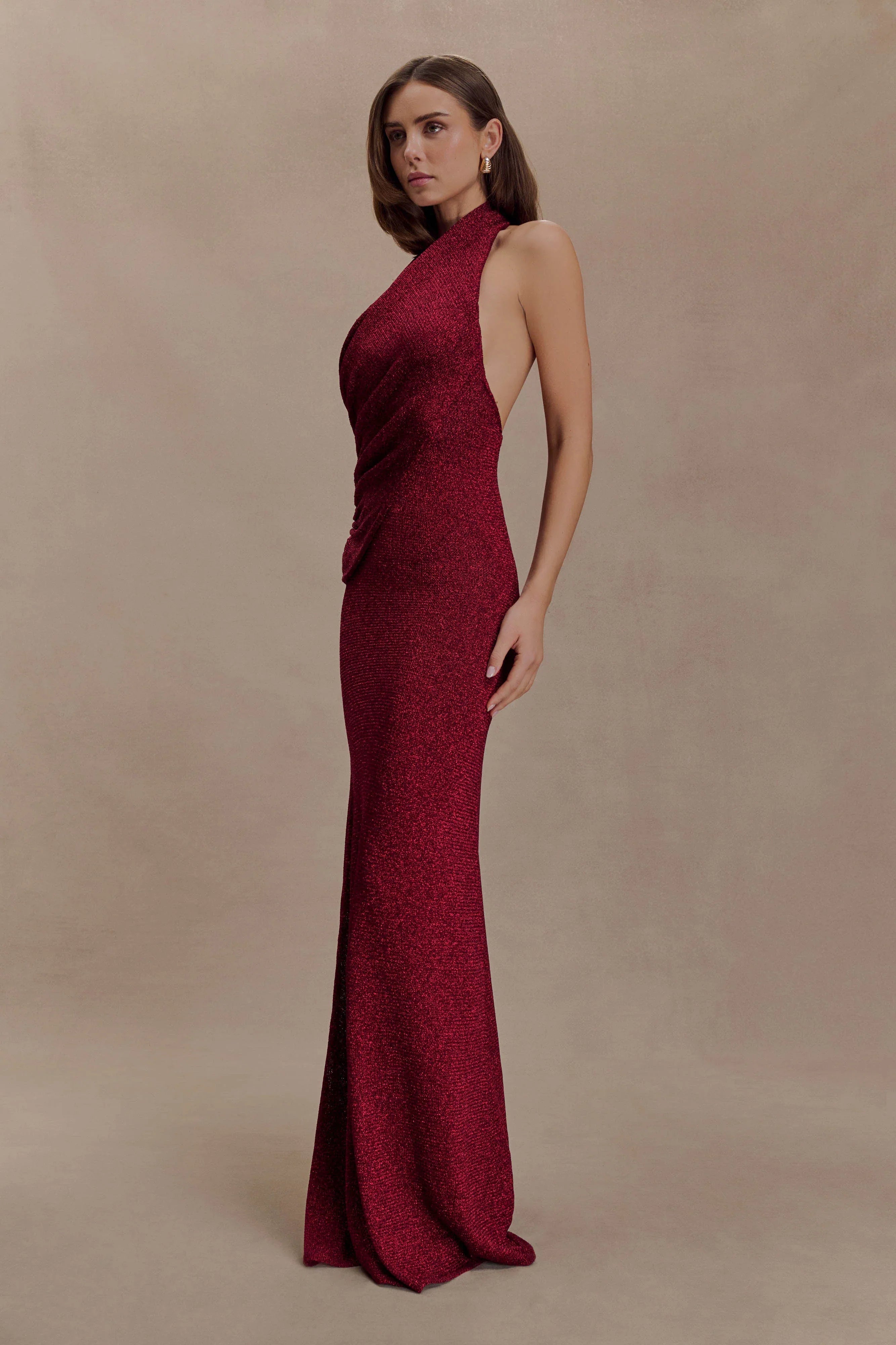 Elma Lurex Knit Halter Maxi Dress Deep Red