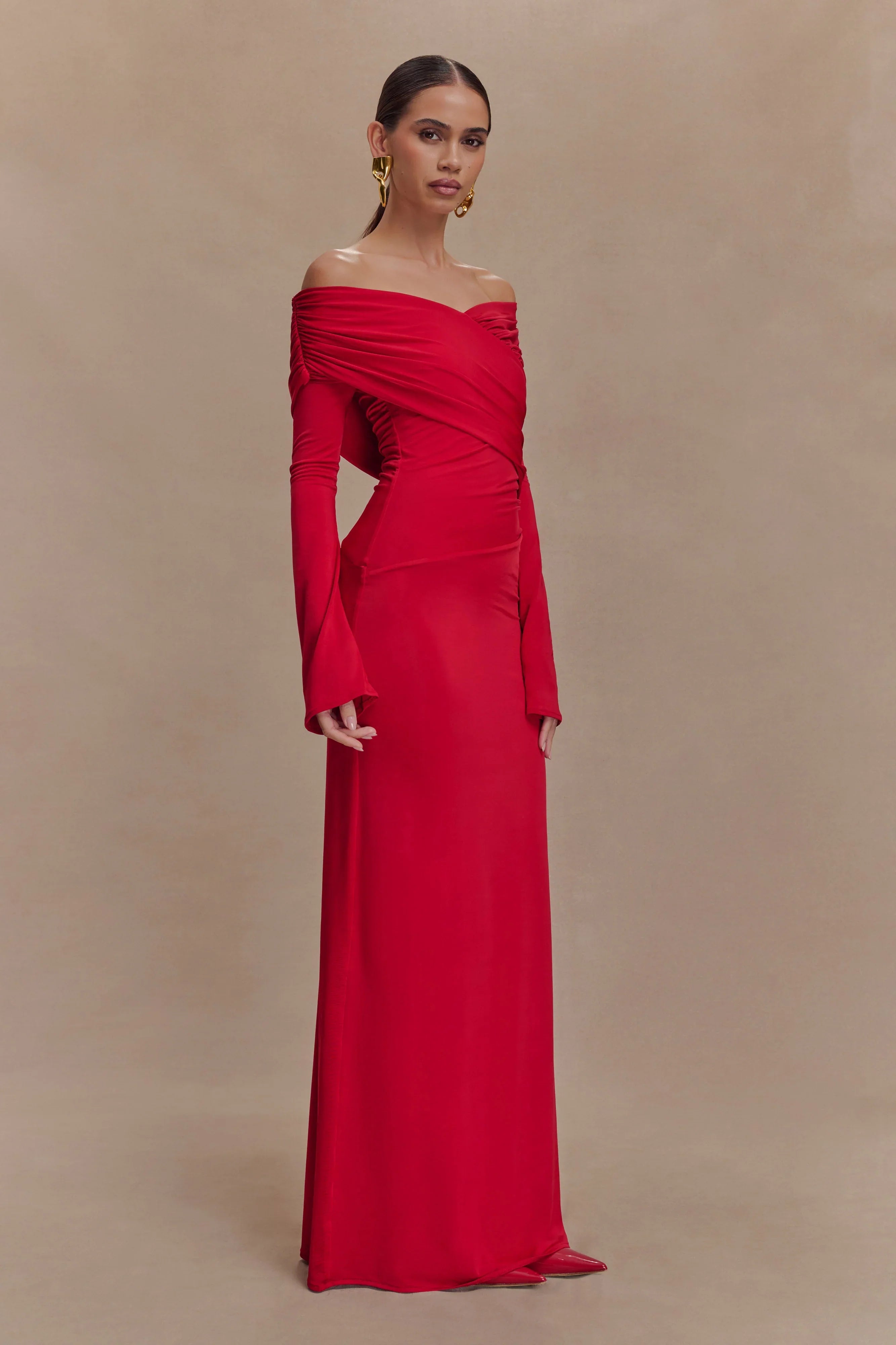 Therese Off Shoulder Ruched Maxi Dress Red