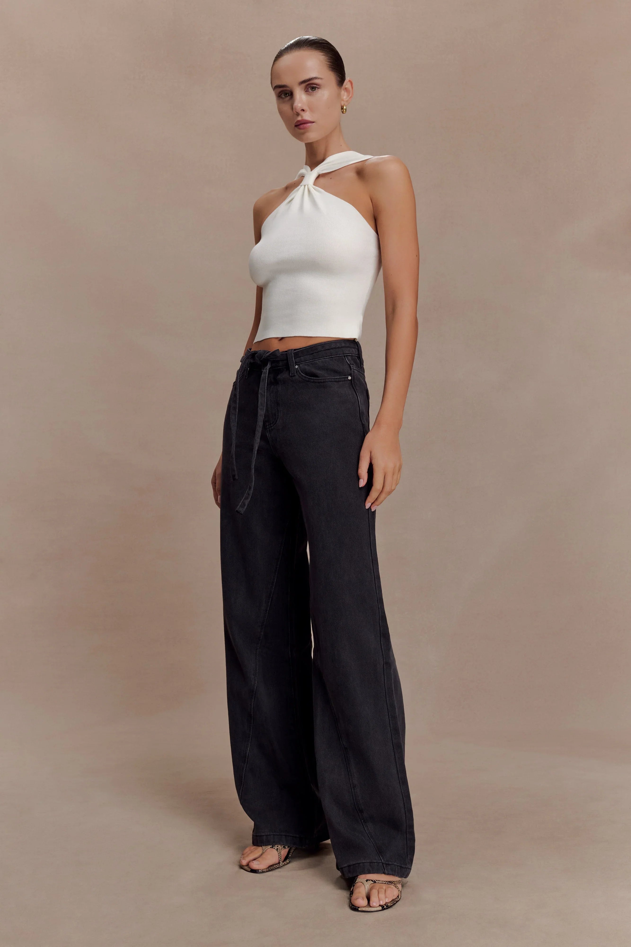 Perrie Mid Rise Straight Leg Tie Jeans Washed Black