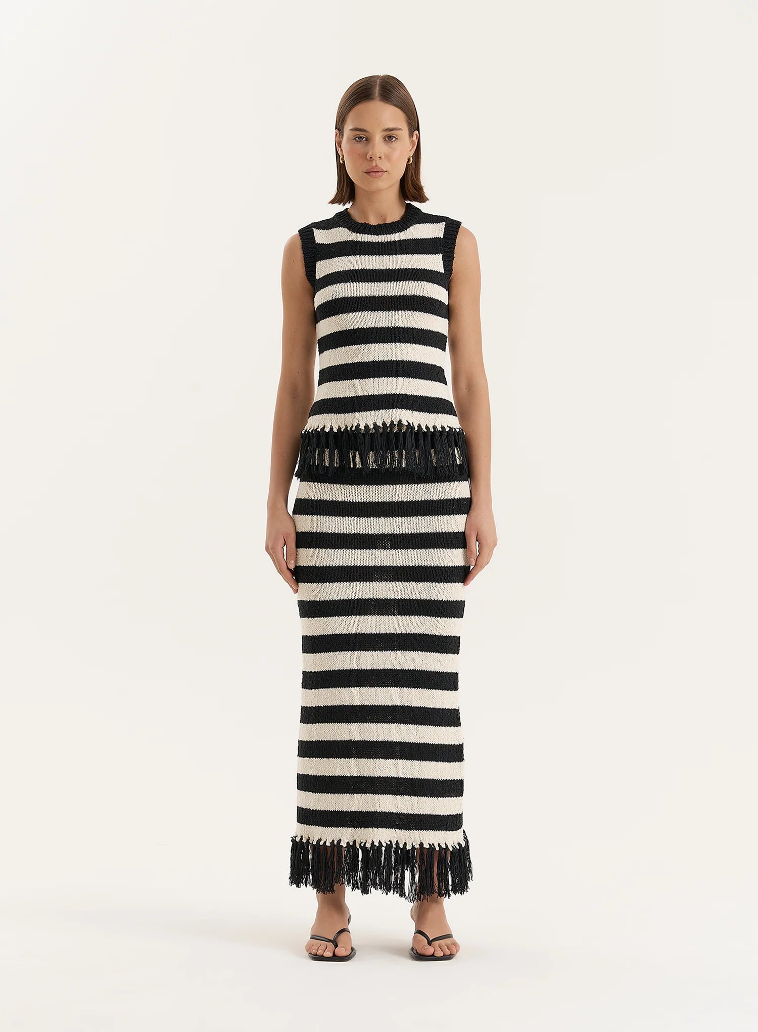 Striped Sleeveless Knitted Tassel Trim Top