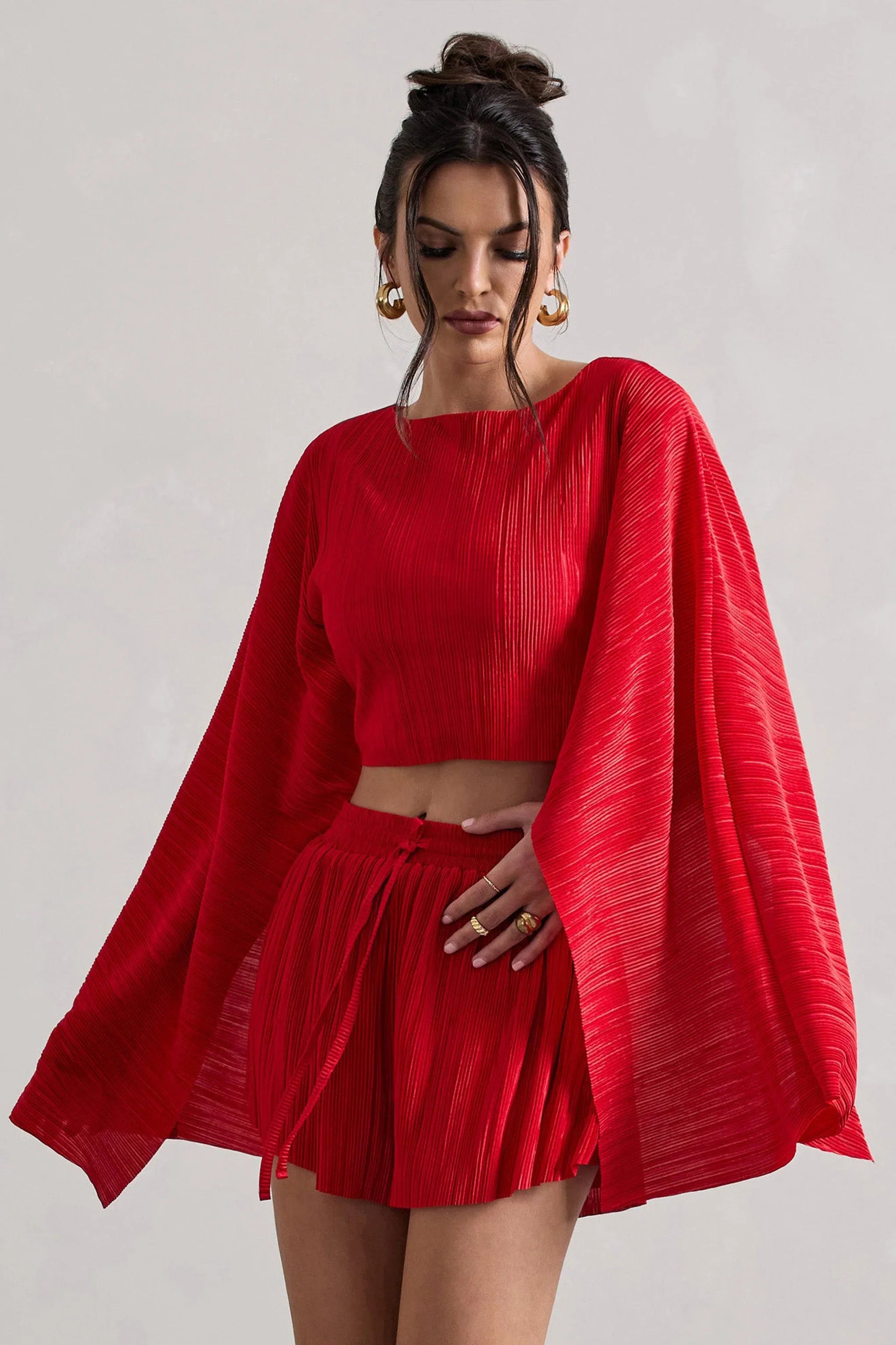 Flare Red Plisse Cape Sleeve Crop Top