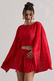 Flare Red Plisse Cape Sleeve Crop Top
