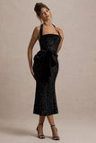 Adee Black Sequin Velvet Halter Neck Midi Dress With Bow