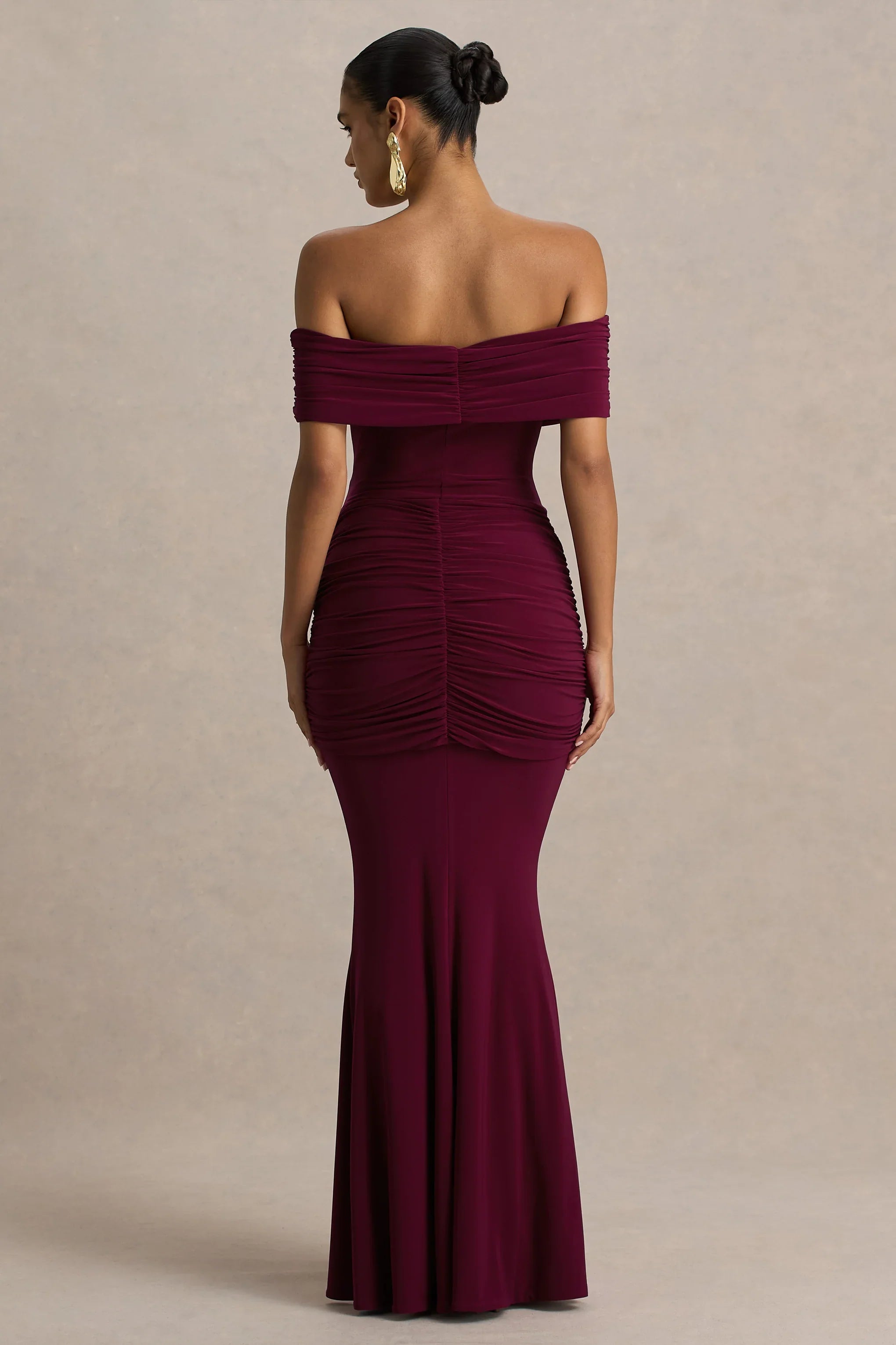 Envisioned Burgundy Bardot Neck Maxi Dress With Gathered And Drape Detail