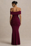 Envisioned Burgundy Bardot Neck Maxi Dress With Gathered And Drape Detail