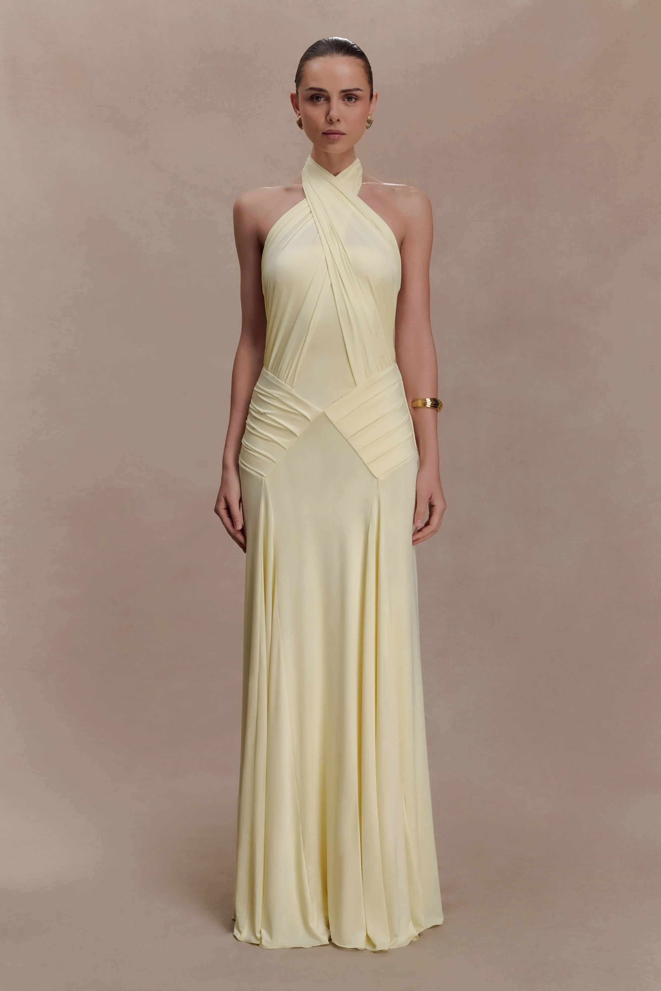 Indira Gathered Slinky Halter Maxi Dress Lemon