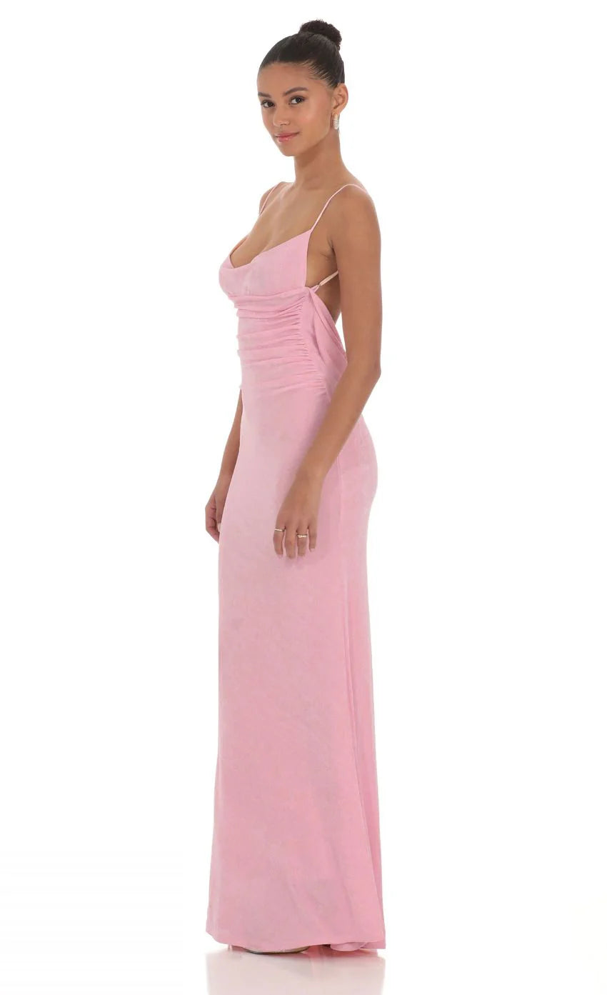 Lace Open Back Maxi Dress in Pink