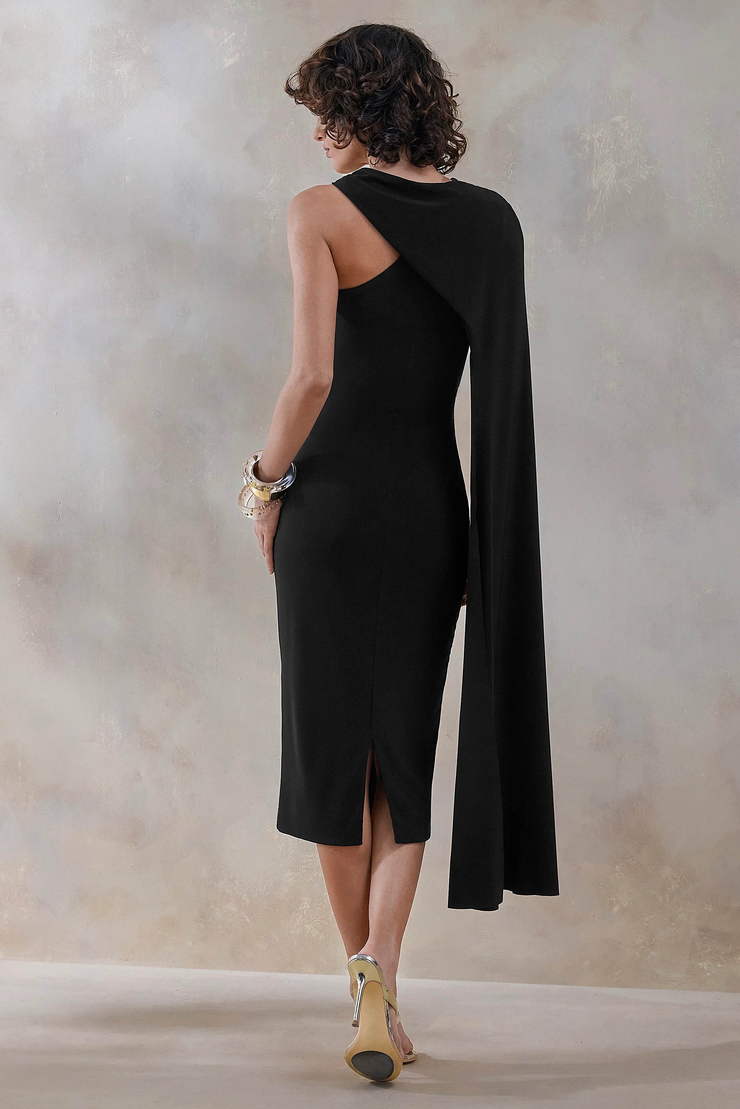 Misoria Black High Neck Midi Dress With Cape Sleeve