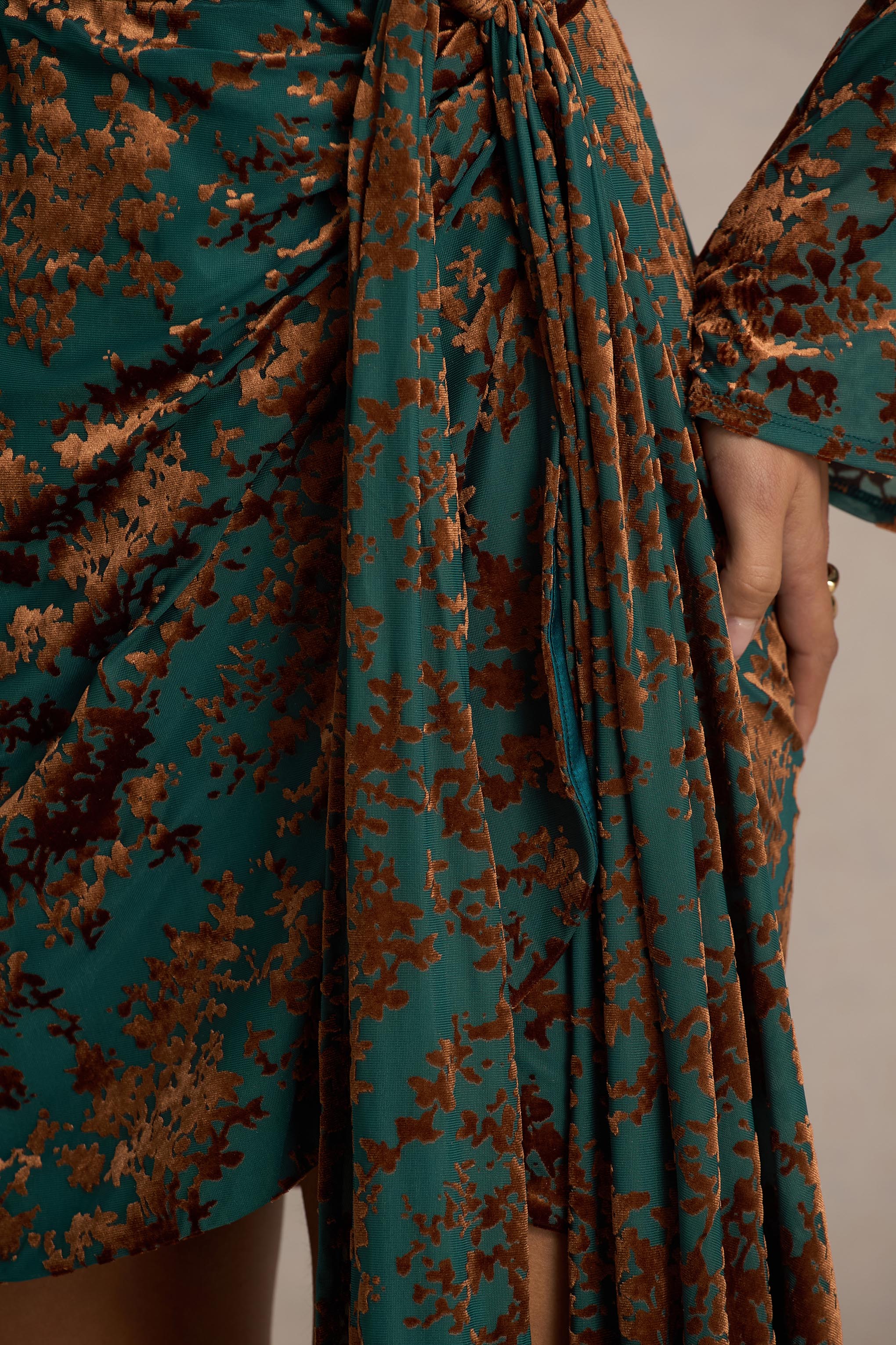 Dimitra Dark Green And Brown Velvet Devore Plunge Neck Wrap Mini Dress
