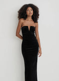 Black Velvet Bandeau Ruched Maxi Dress