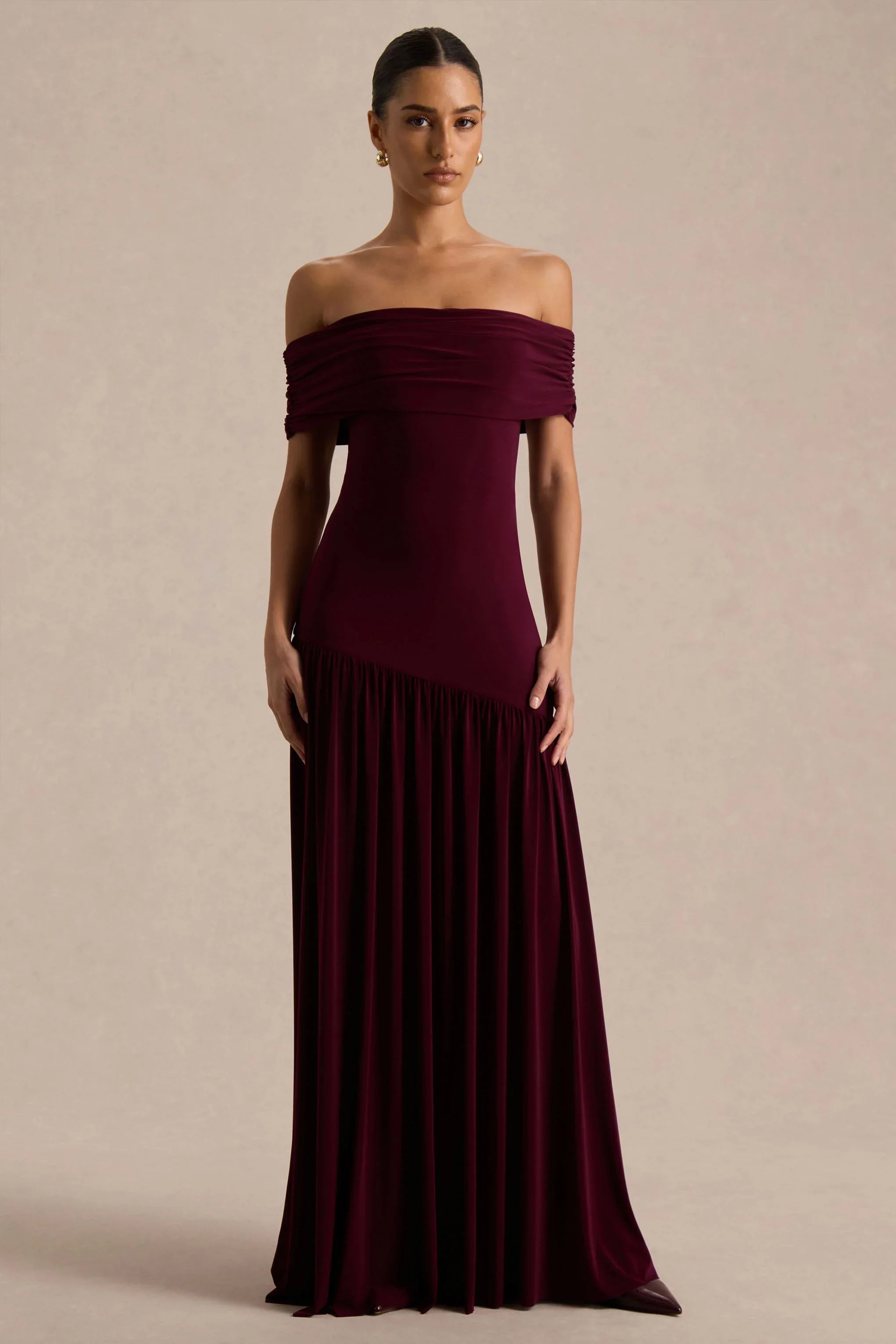 Venezia Burgundy Bardot Maxi Dress With Drop Waist
