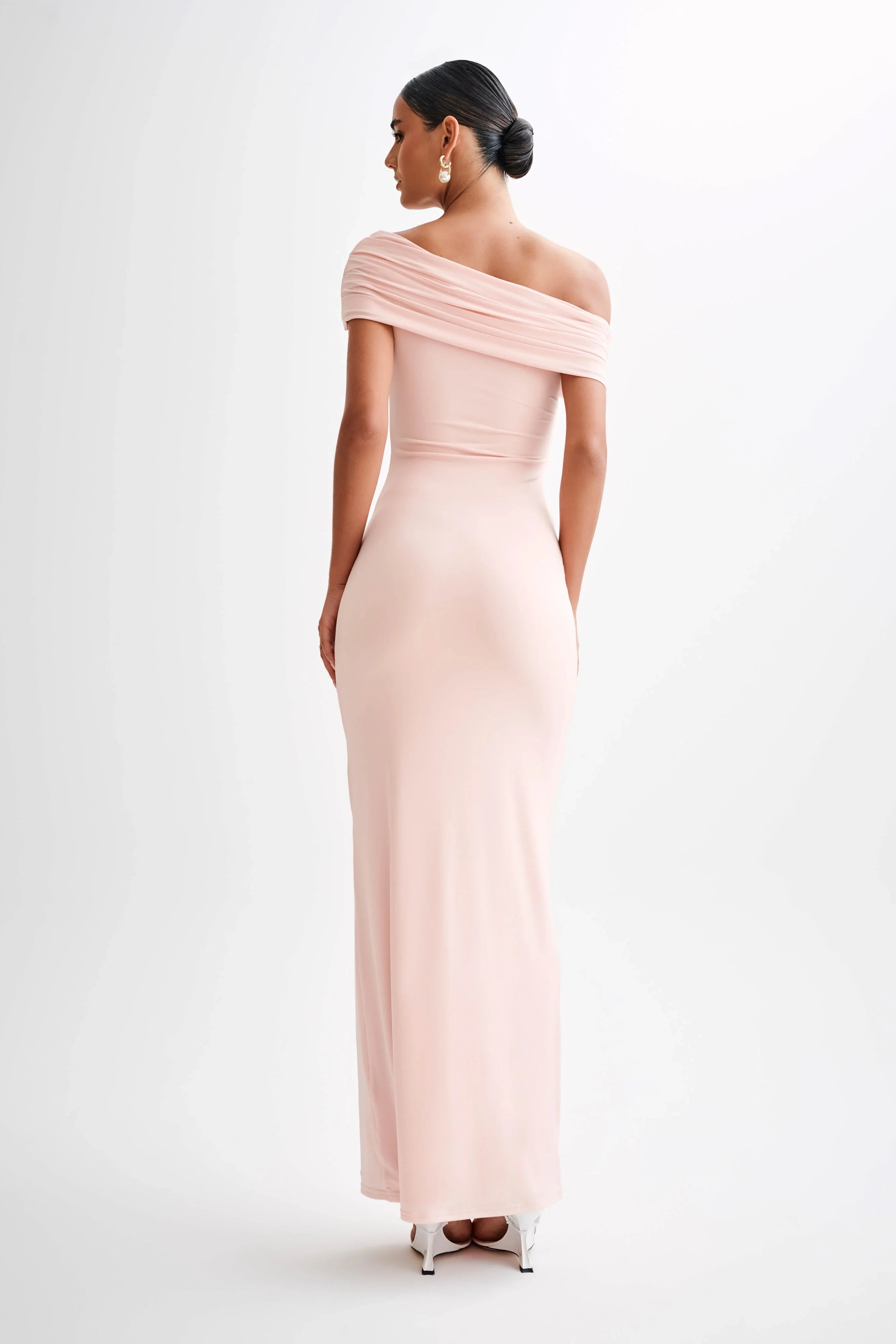 Cassandra Off Shoulder Slinky Maxi Dress Pale Pink