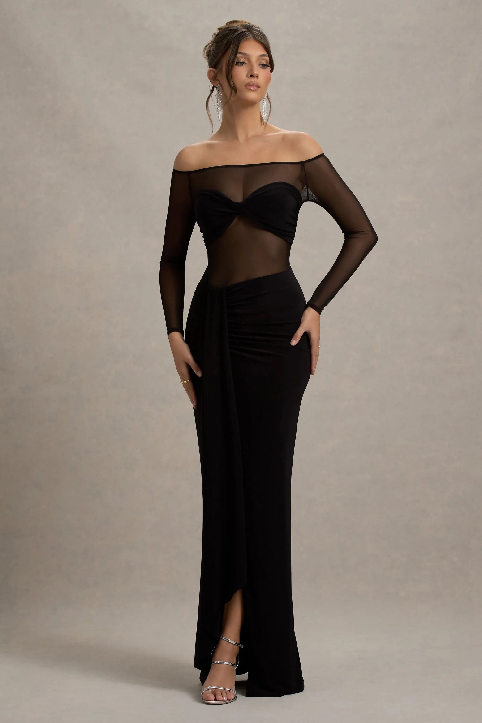 Cover Star Black Mesh Bardot Long Sleeve Draped Maxi Dress