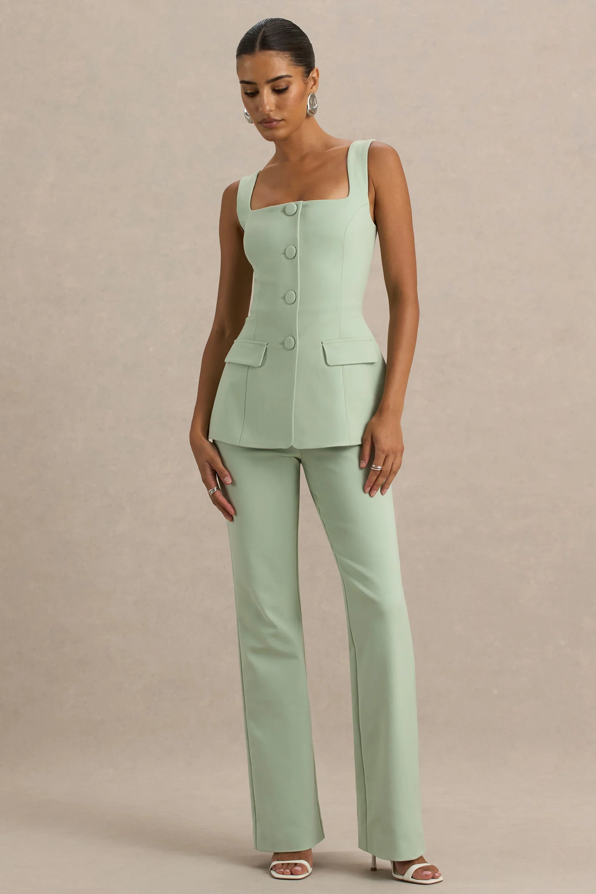 Aceline Light Green Square Neck Tailored Jumpsuit