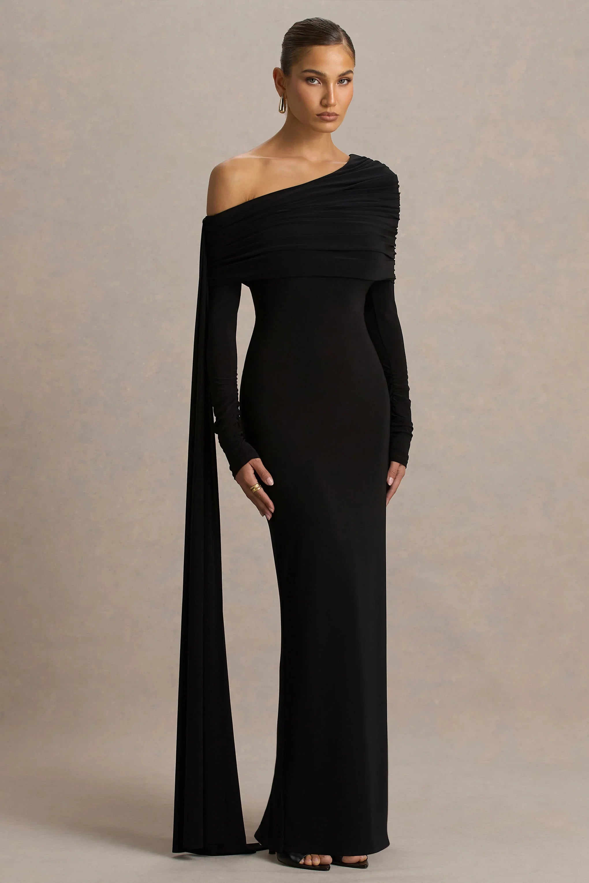 Octavia Black Bardot Neck Maxi Dress With Cape And Ruched Detailing