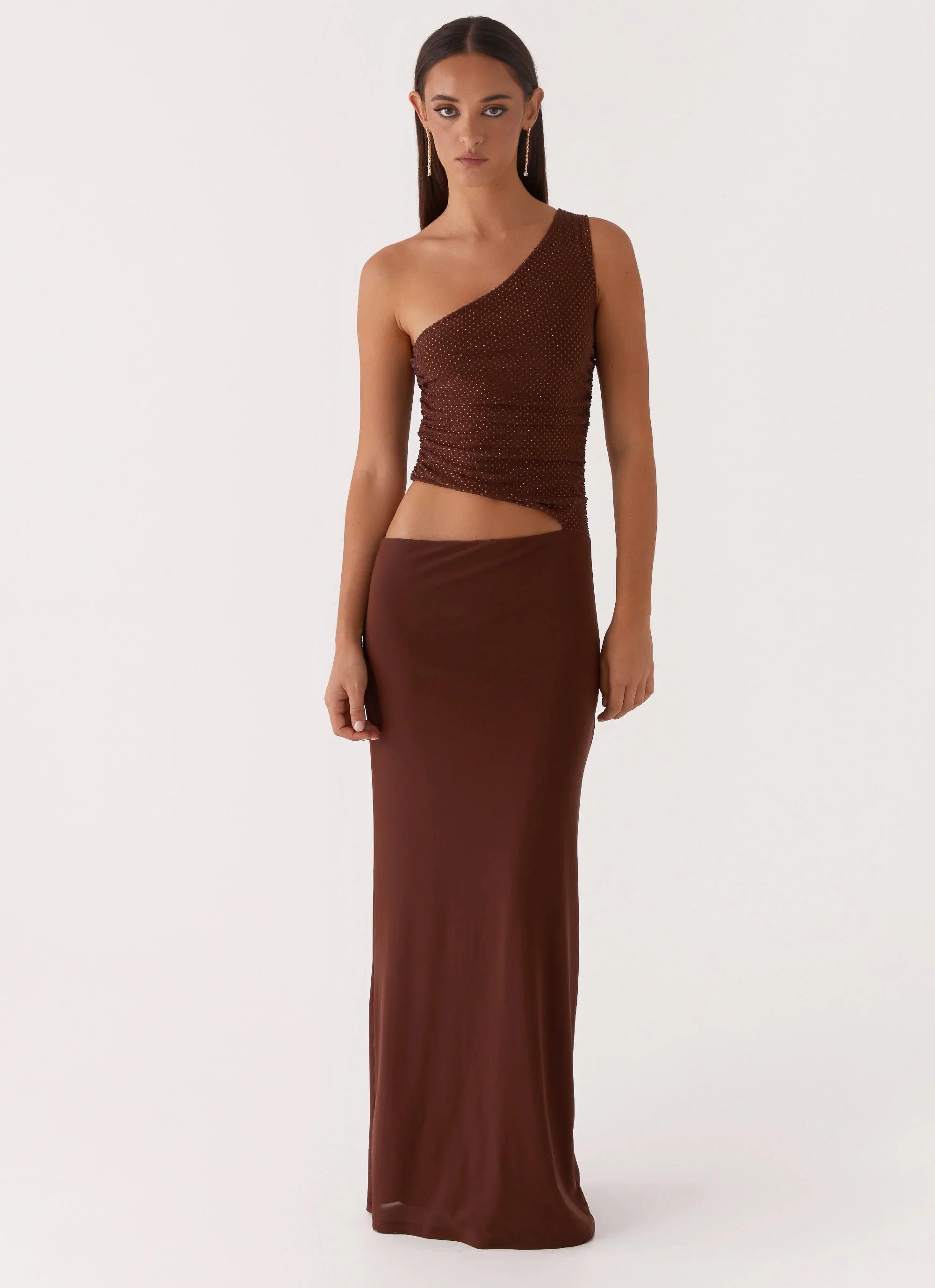 Seranella Sequin One Shoulder Maxi Dress Chocolate