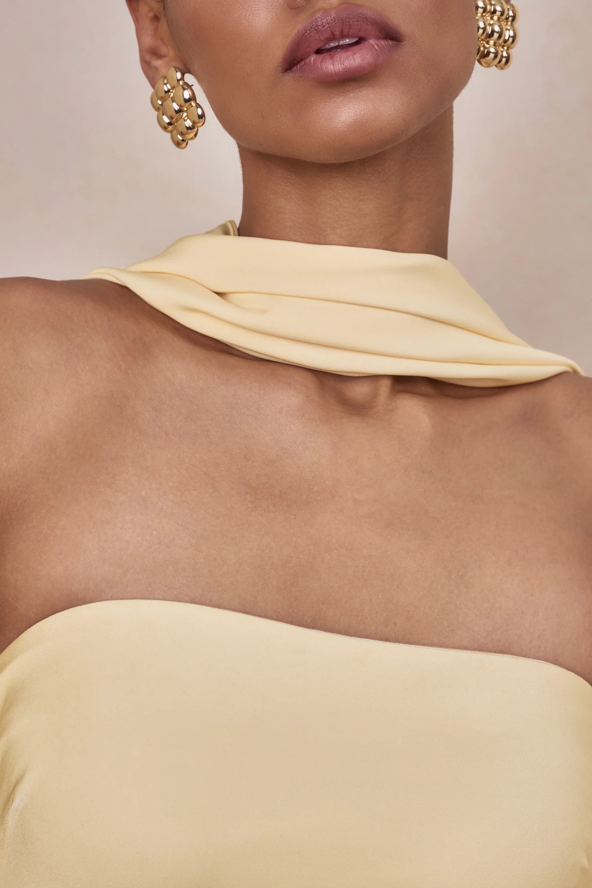Charly Lemon Matte Satin Bandeau Maxi Dress With Scarf Detail