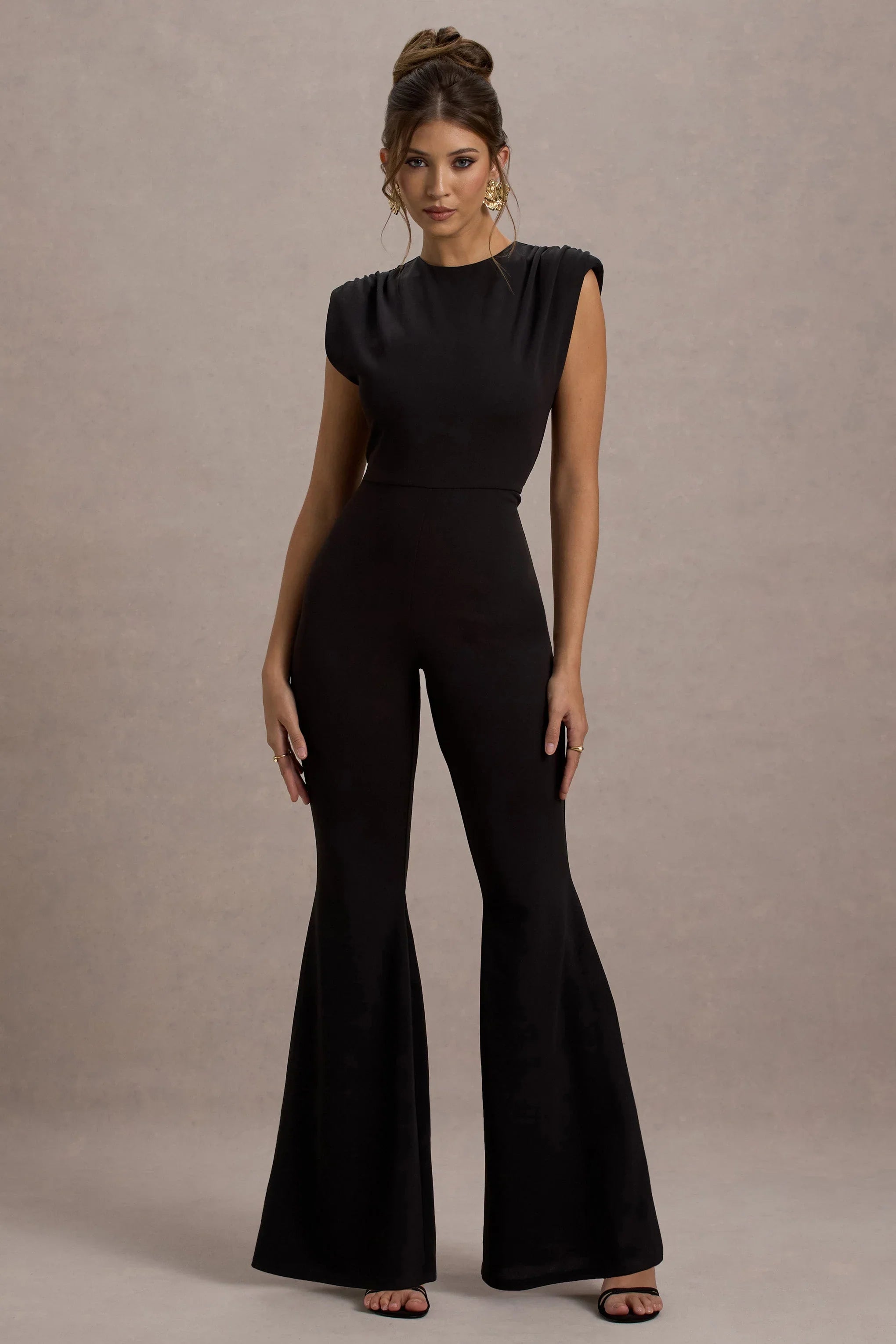 Elyna Black High Neck Draped Flared Leg Jumpsuit