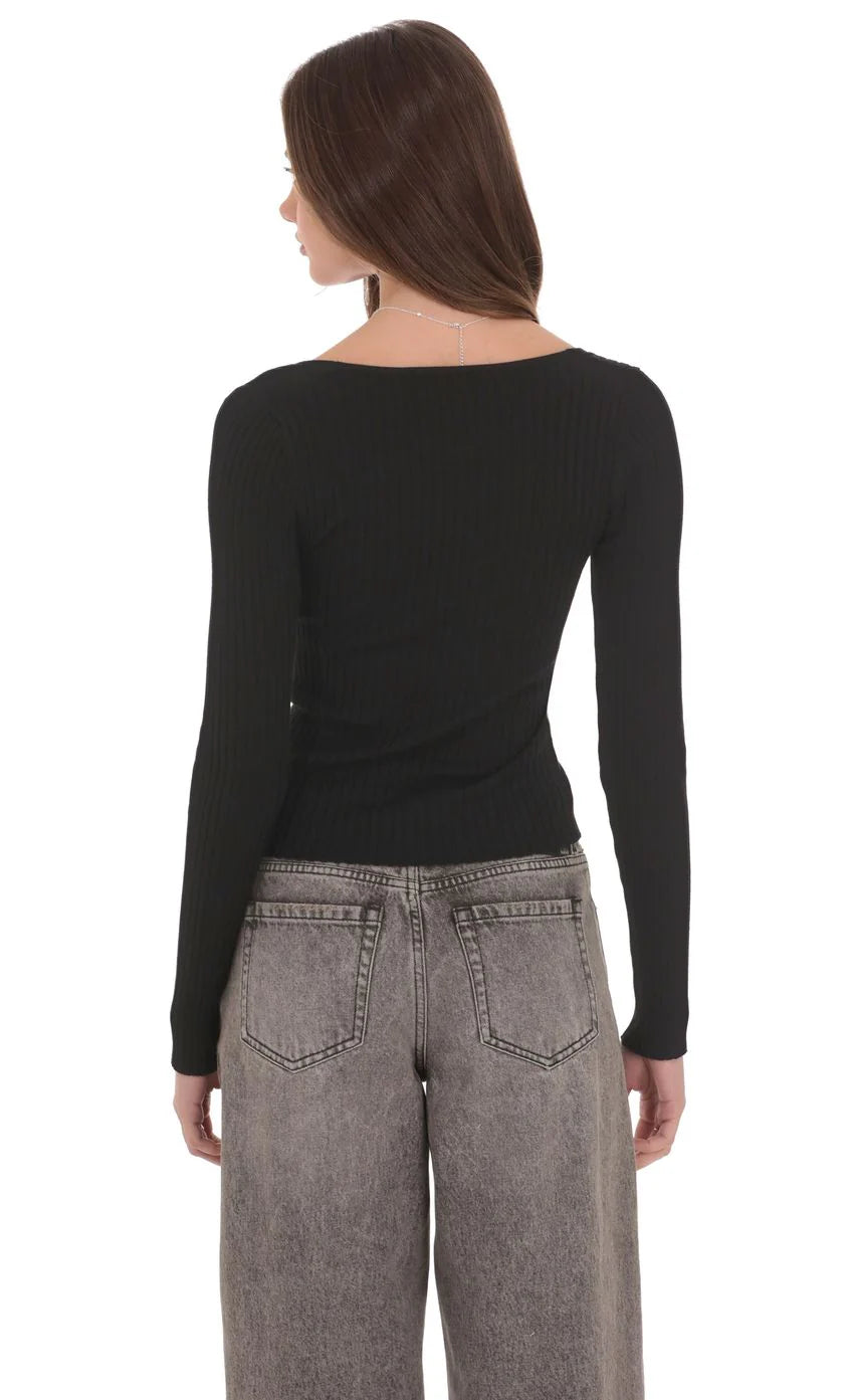 Ribbed Hook and Eye Cardigan in Black
