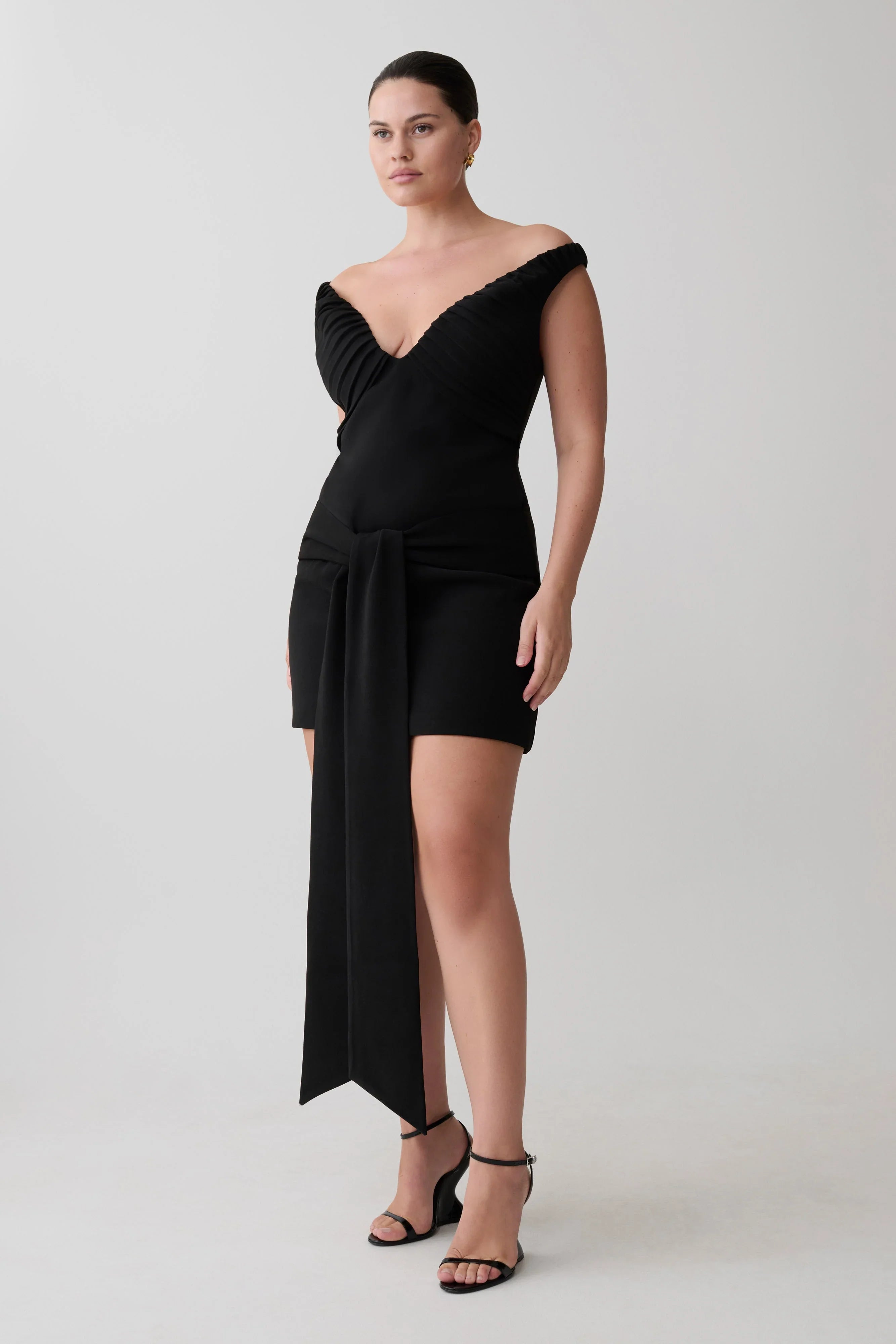 Runa Off Shoulder Mini Dress With Waist Tie Black