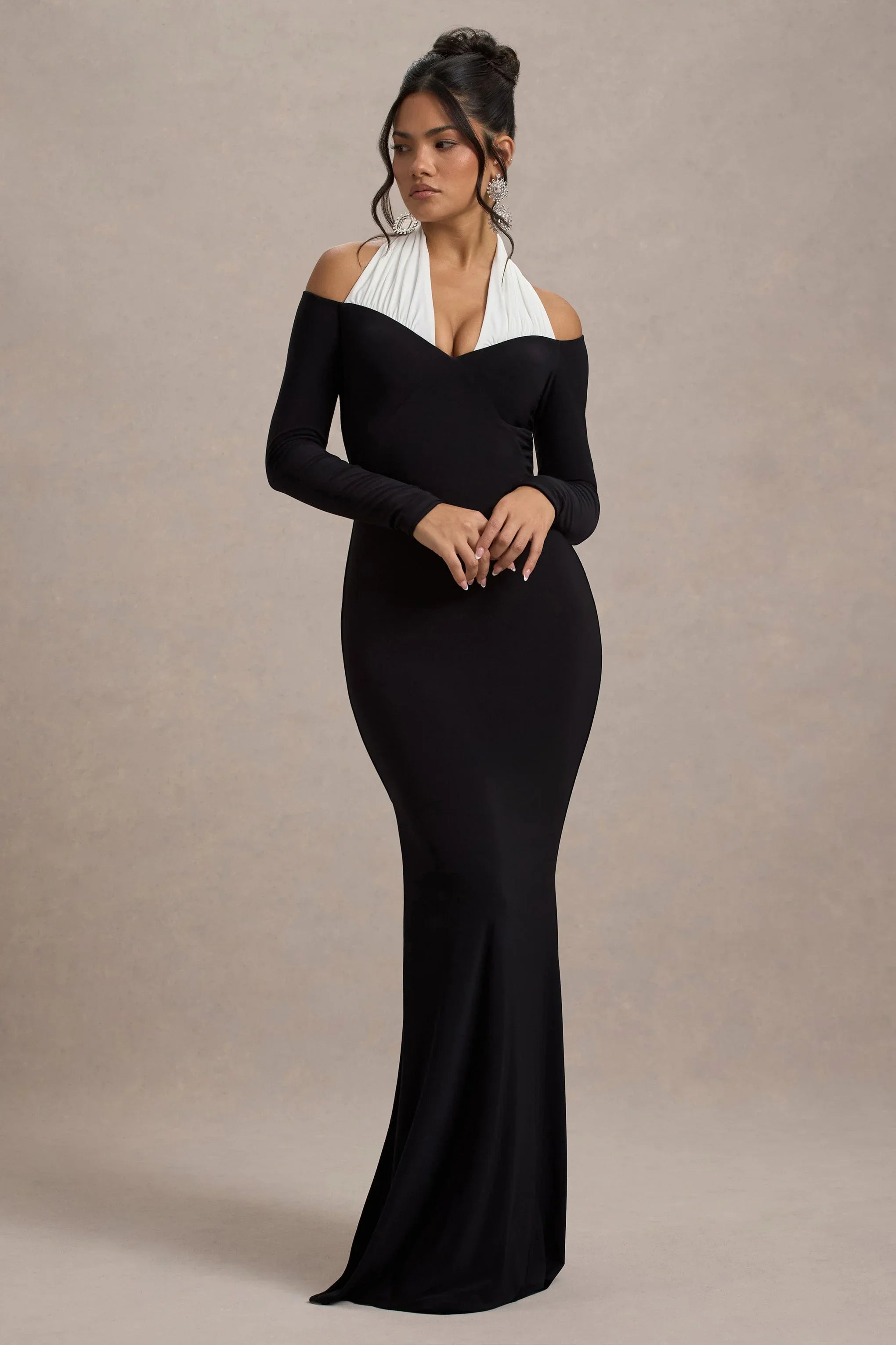 Living High Black White Halter Neck Split Maxi Dress