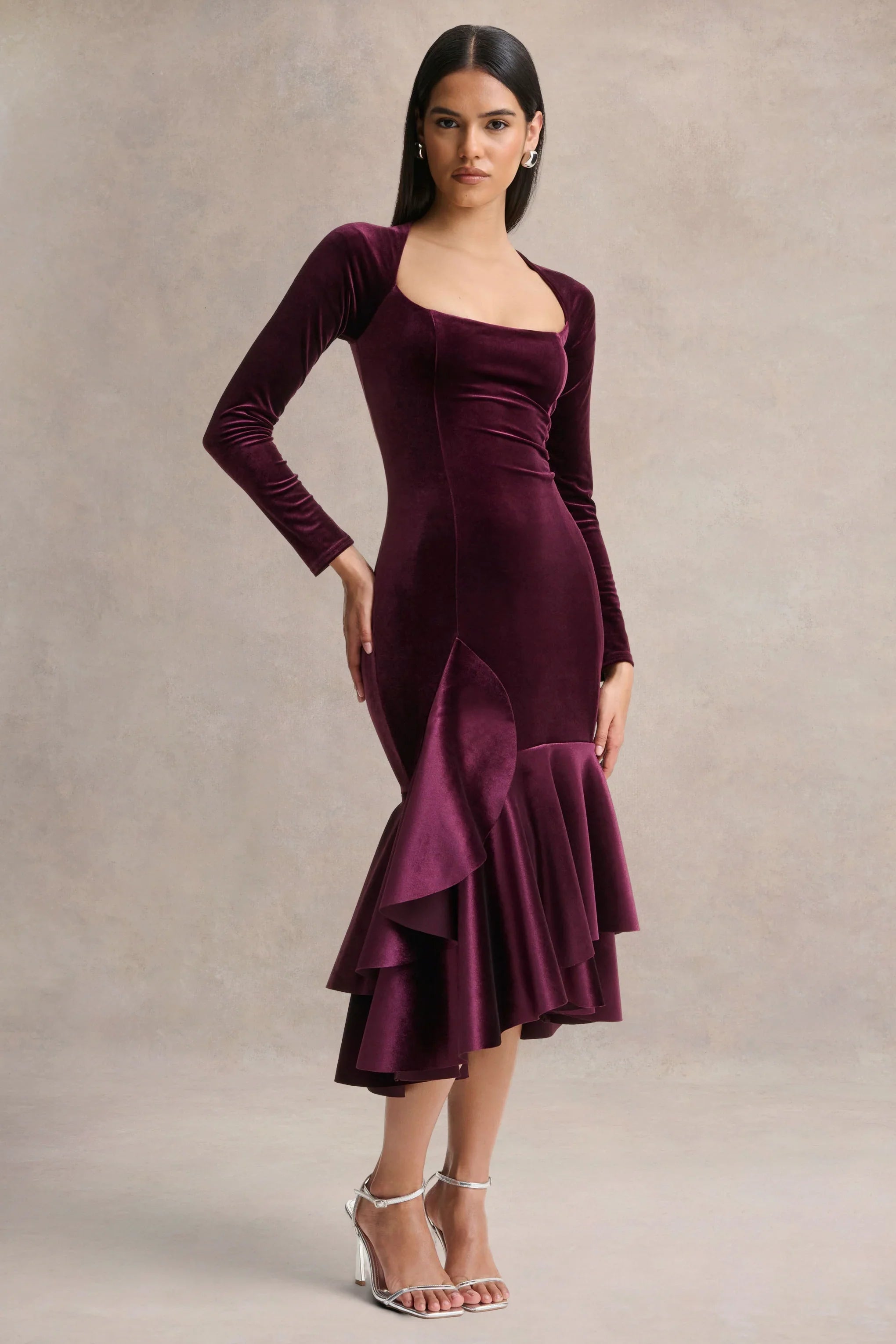 Emberlyn Burgundy Velvet Scoop Neck Fishtail Midi Dress