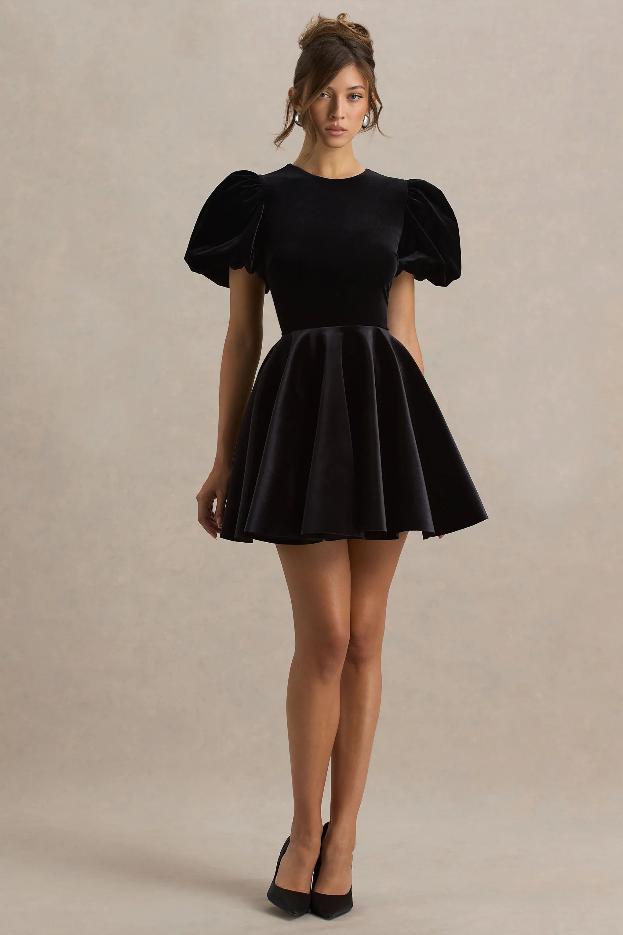 Priya Black Velvet Mini Dress With Puff Sleeves