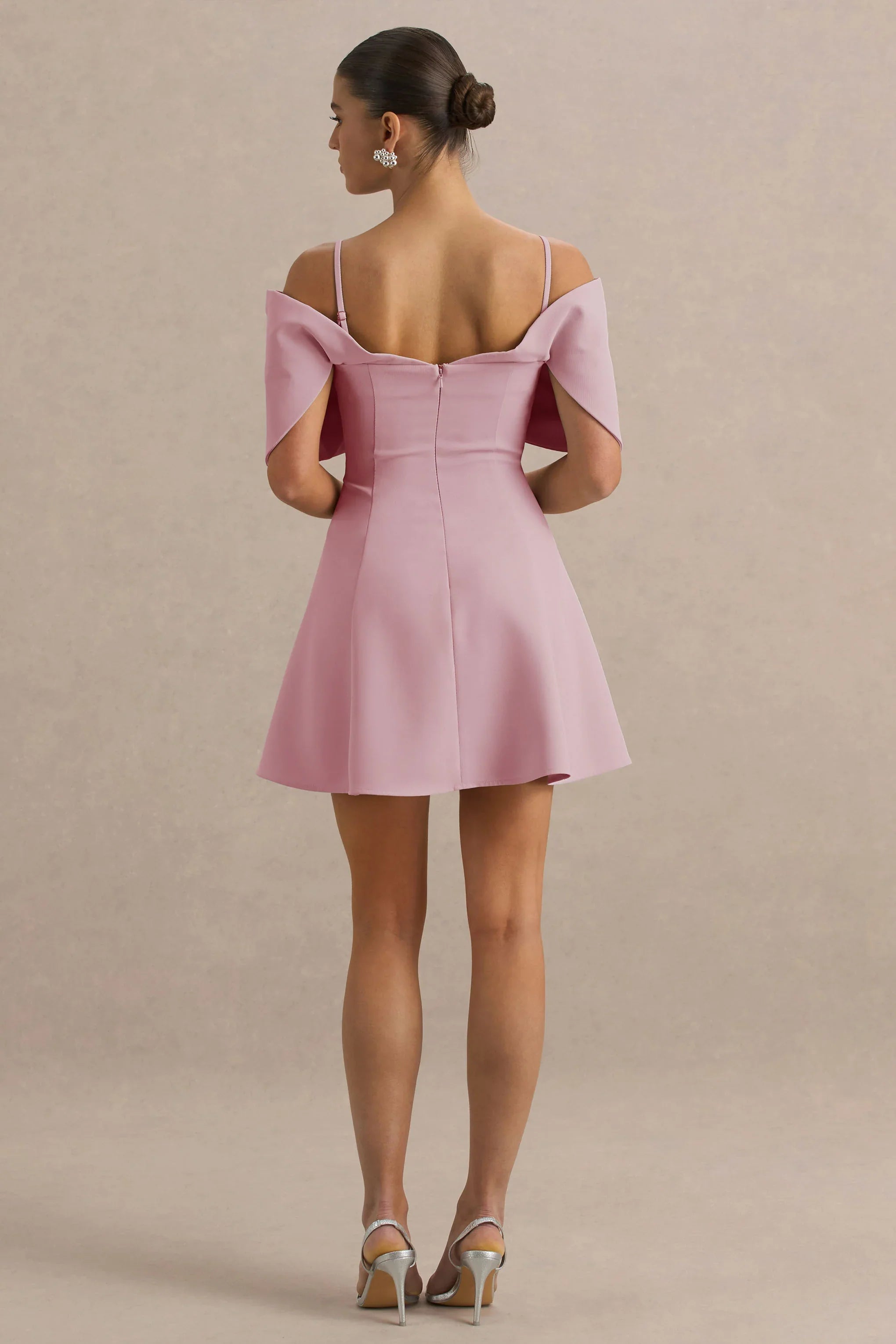 Faria Blush Pink Short Sleeve Bardot Mini Dress With Bow Detail