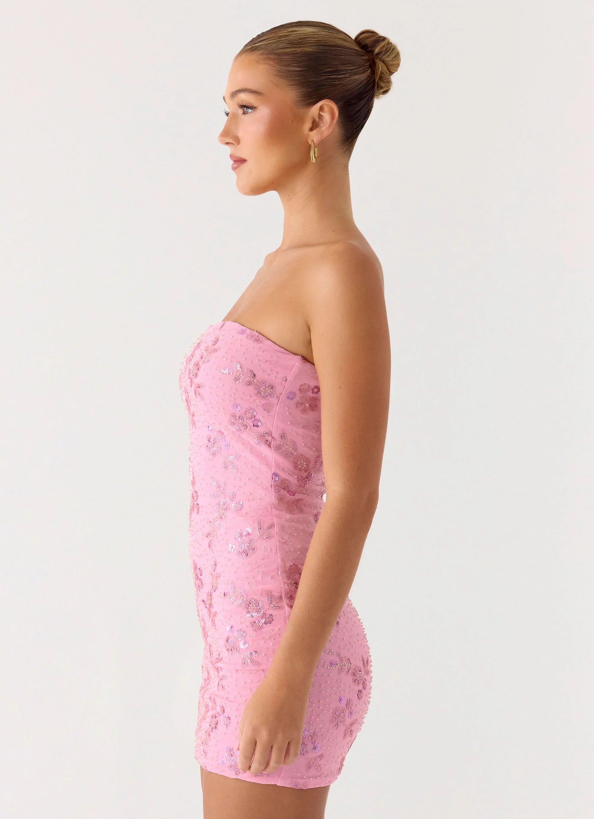 Push Back Beaded Sequin Mini Dress Pink