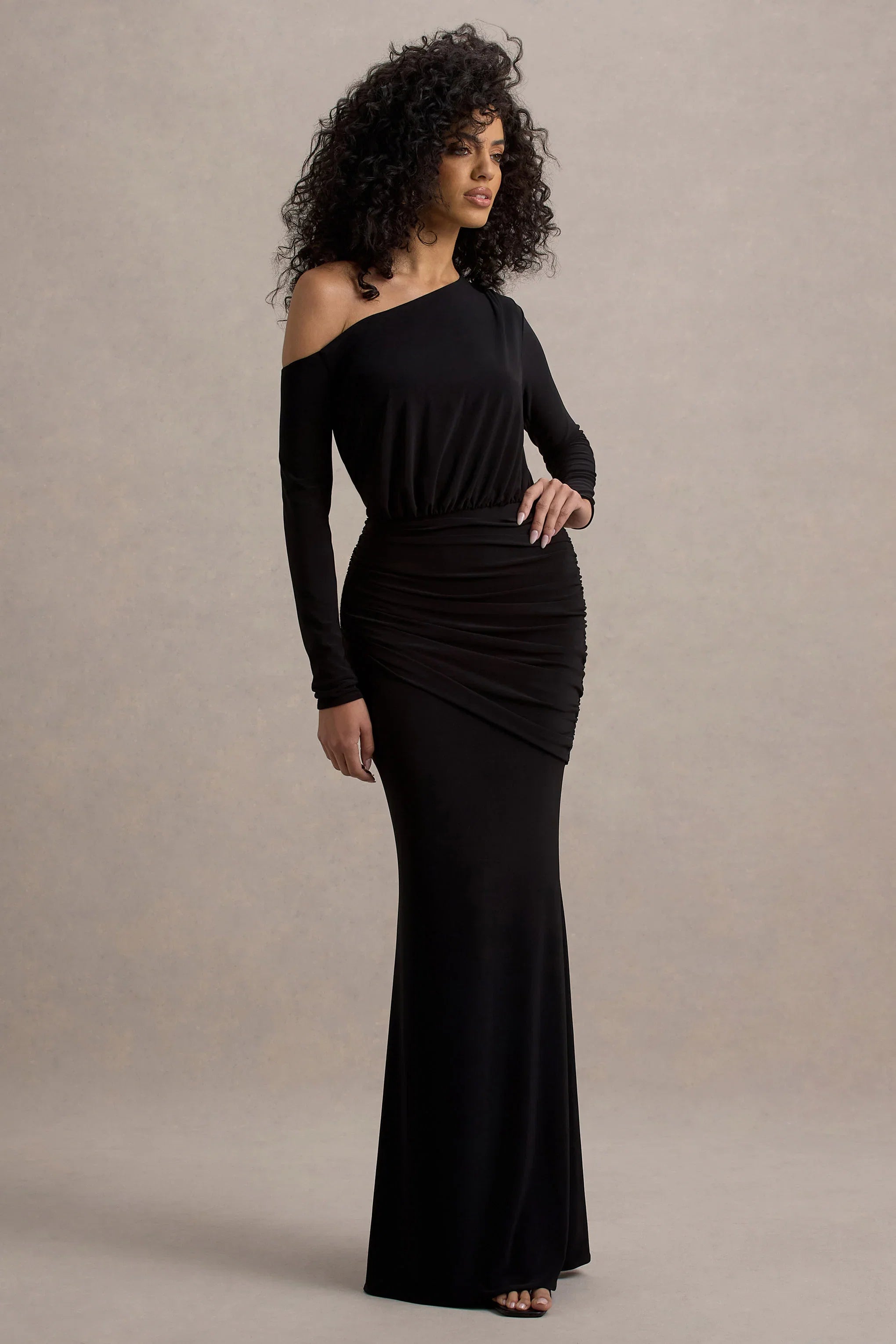 Deanna Black Asymmetric Long Sleeve Ruched Maxi Dress