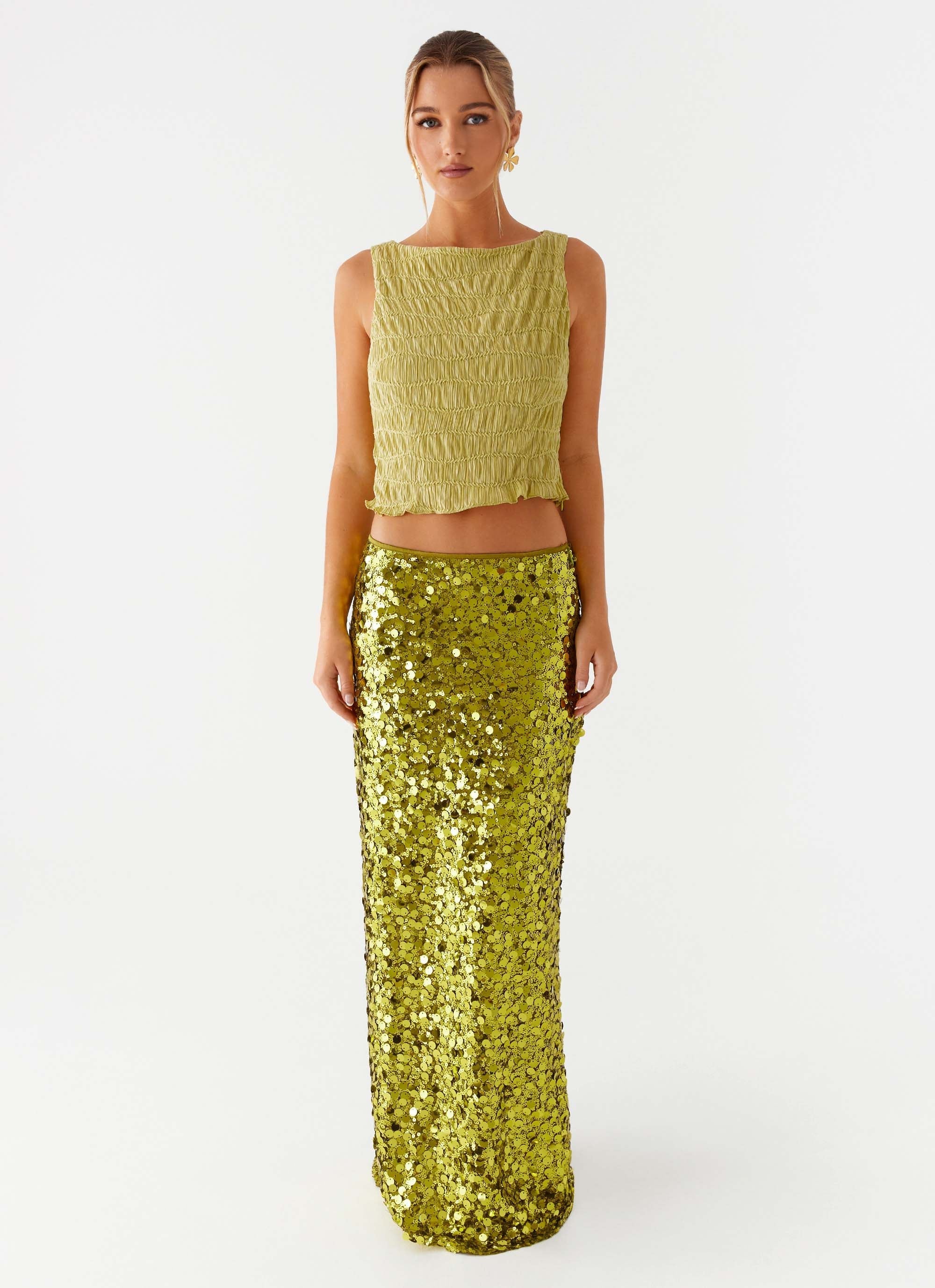 Perfect Places Low Rise Sequin Maxi Skirt Olive
