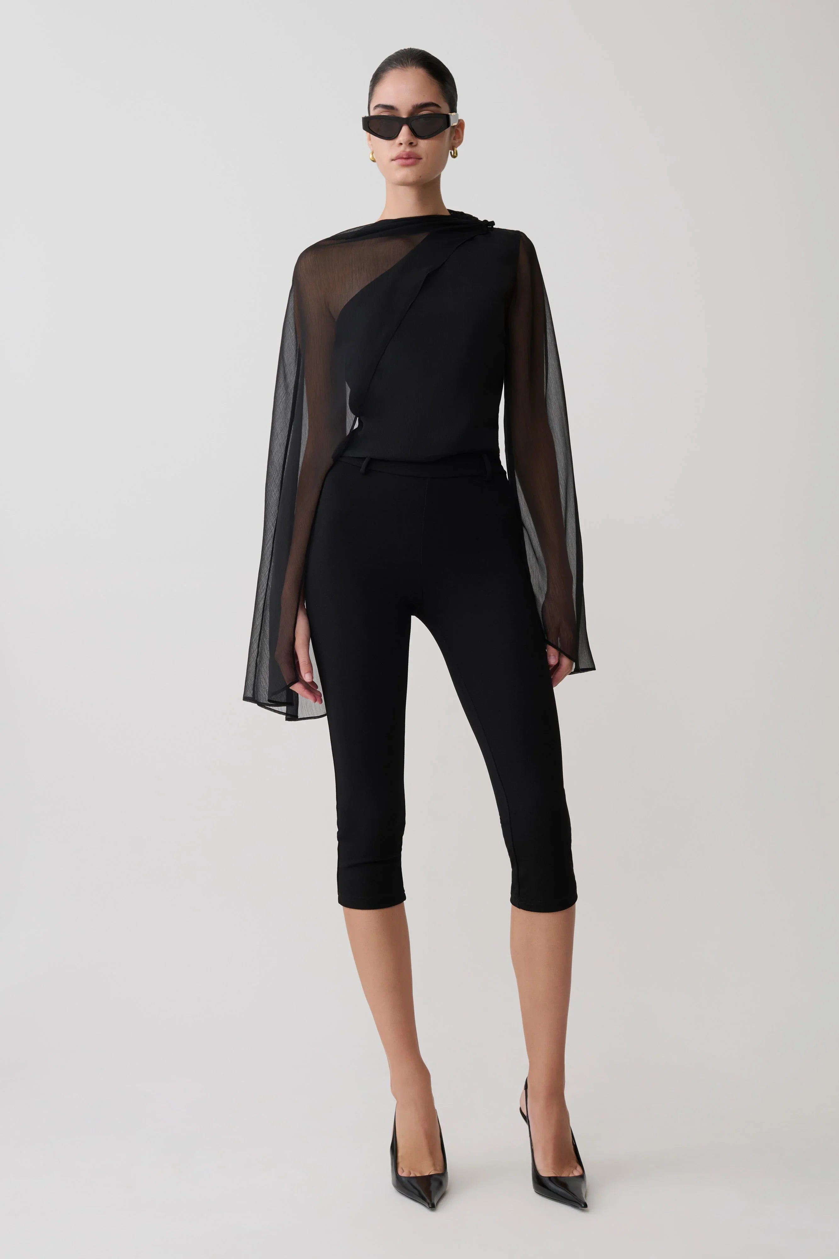 Ida Sheer Asymmetrical Long Sleeve Cape Black