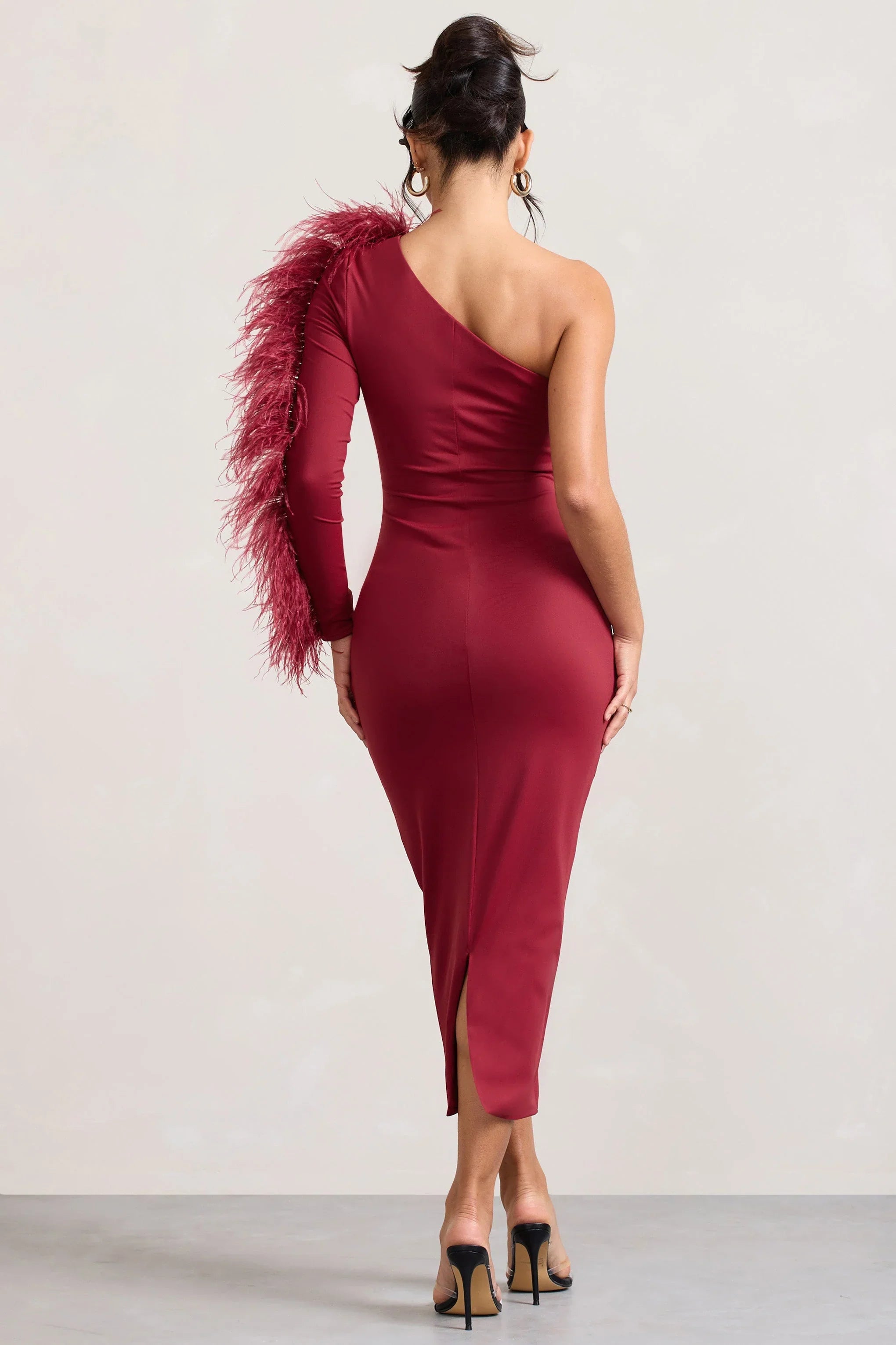 Wild One Burgundy One Shoulder Bodycon Midi Dress With Feather Trimmed Sleeve