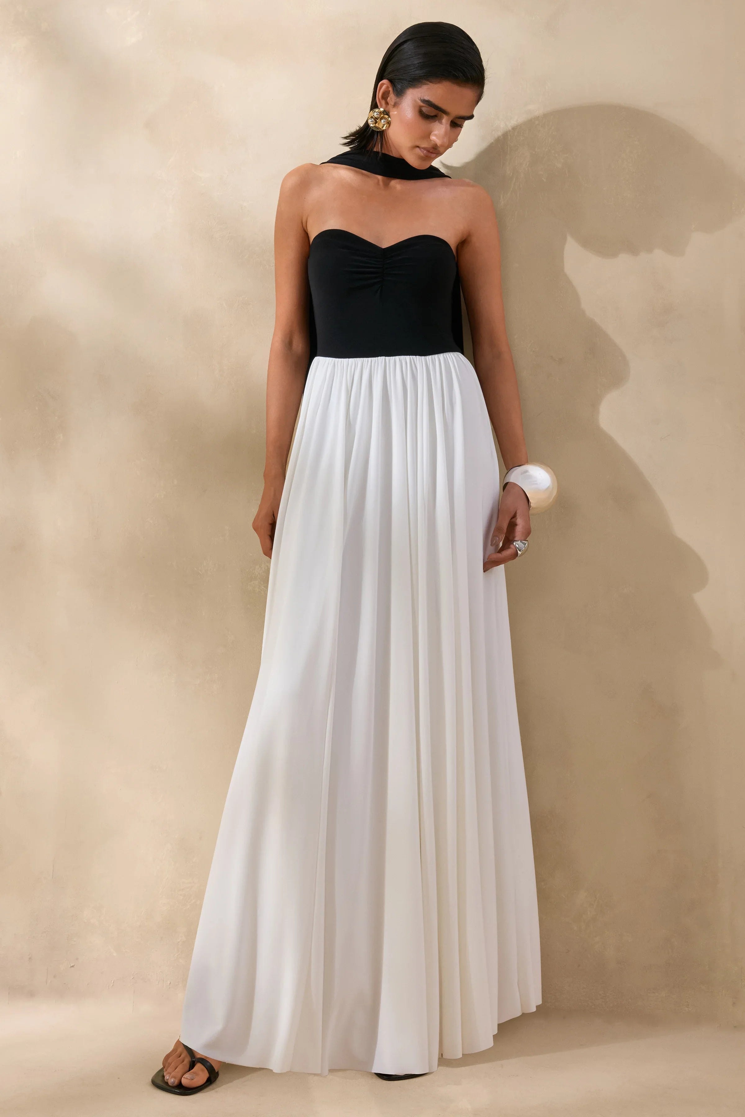 Beamora Black White Bandeau Maxi Dress With Cape