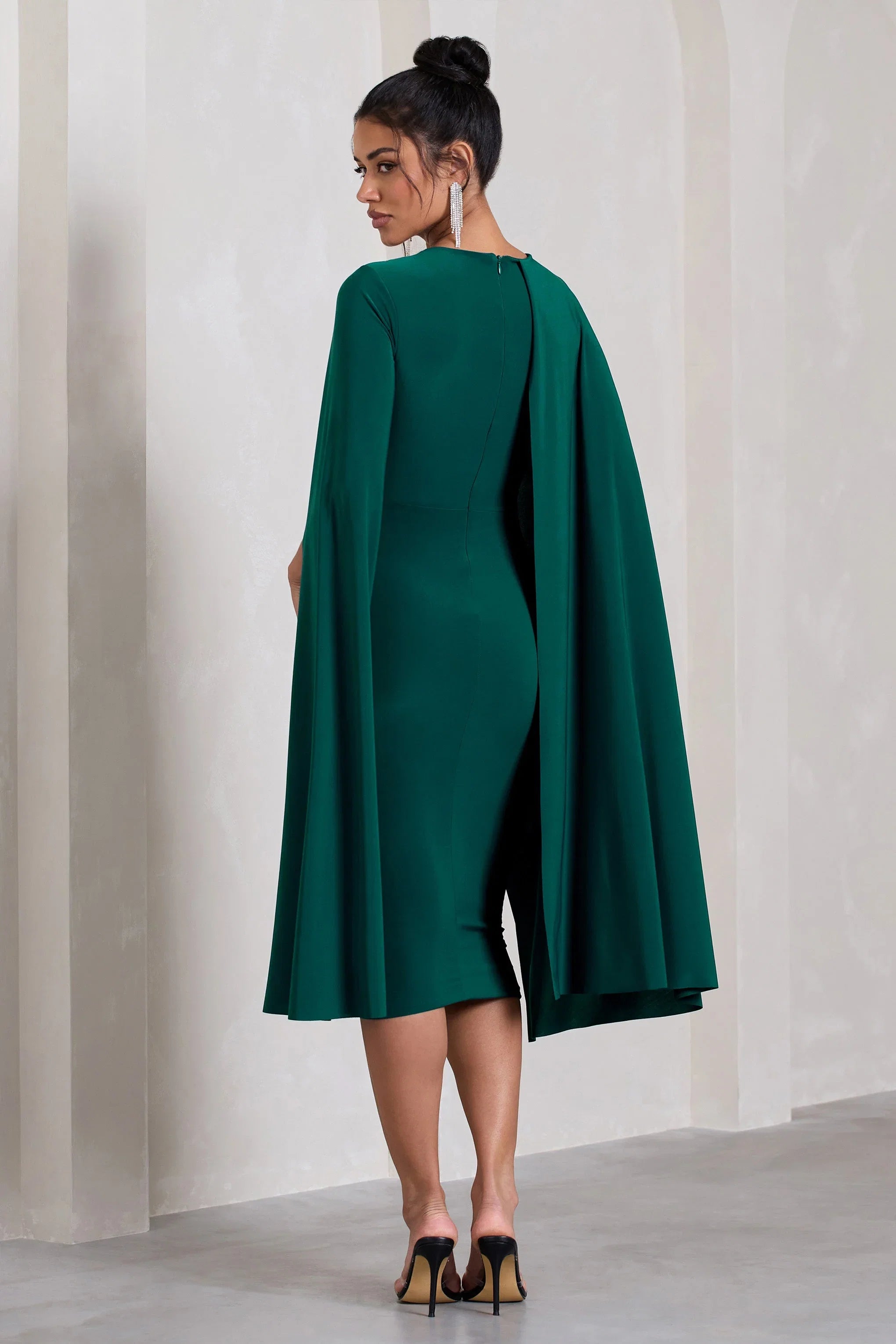 Marysol Bottle Green Asymmetric Cape Midi Dress