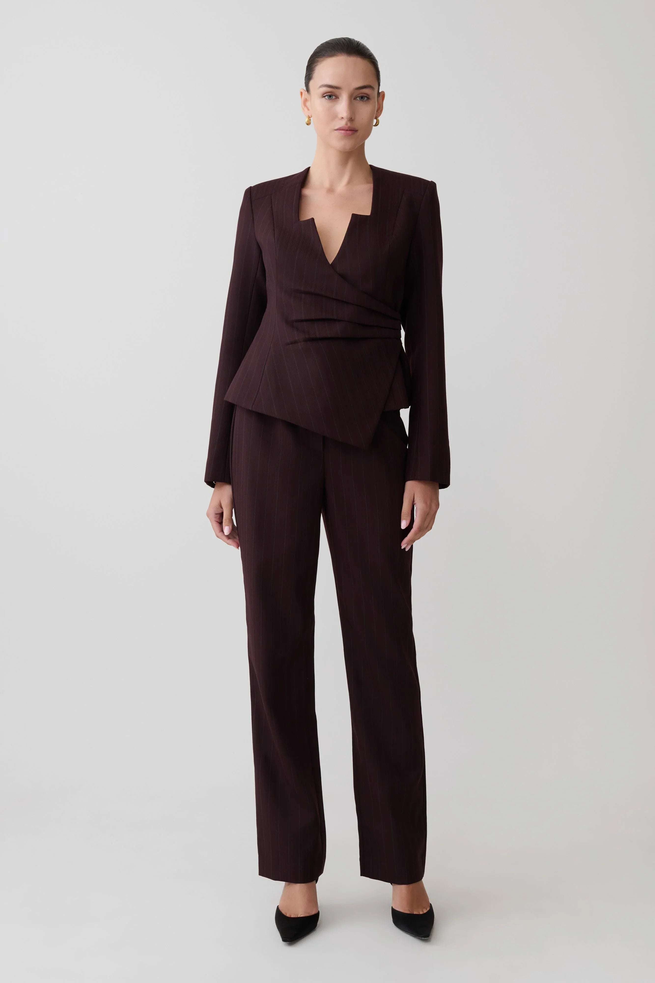Agatha Straight Leg Suiting Pants Plum Pinstripe