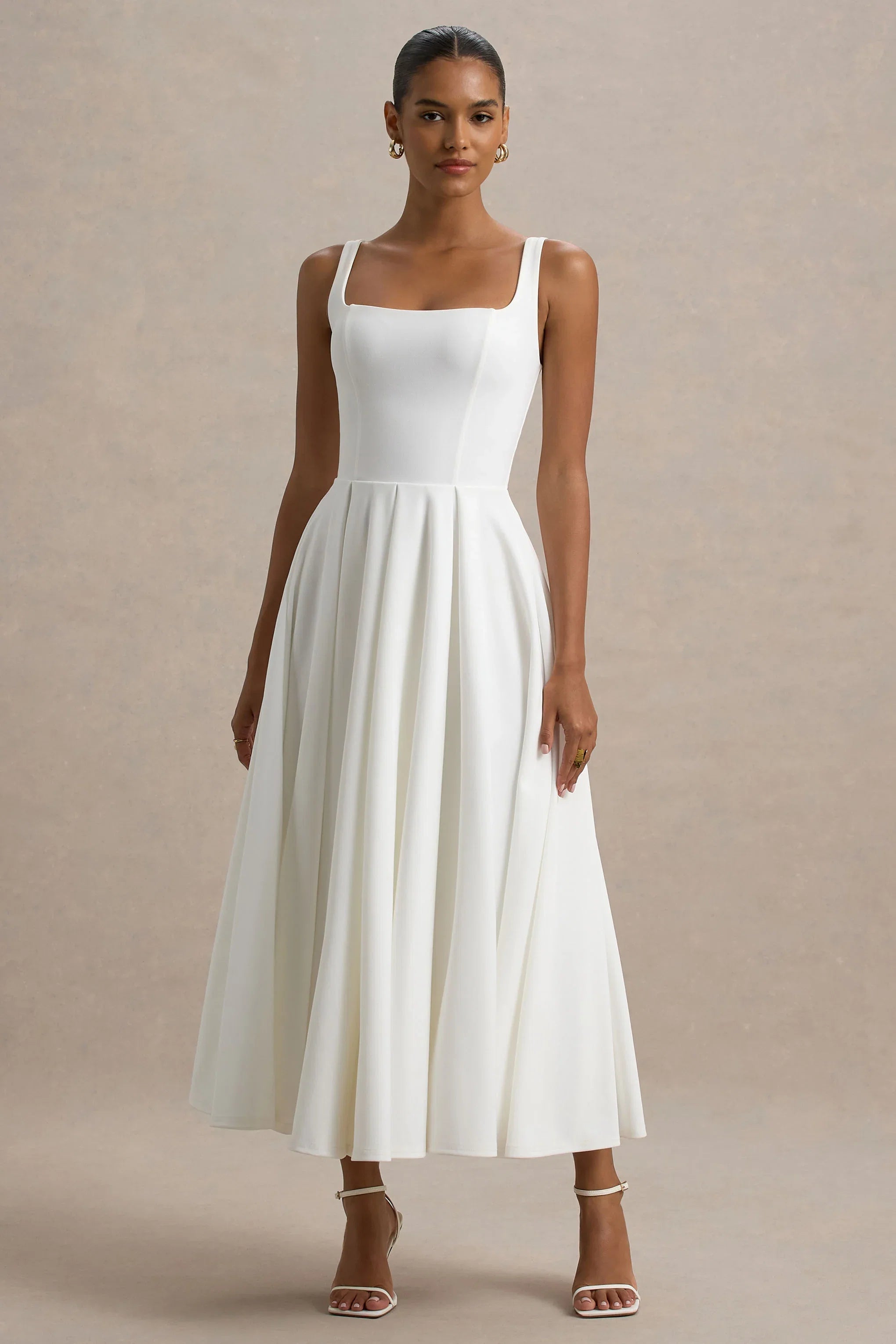 Parina White Strappy Volume Hem Midi Dress