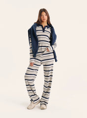 Grey And Blue Stripe Fine Ribbed Jersey Long Sleeve Top