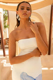 Ceremony Soft Blue Placement Floral Print Bandeau Fishtail Maxi Dress