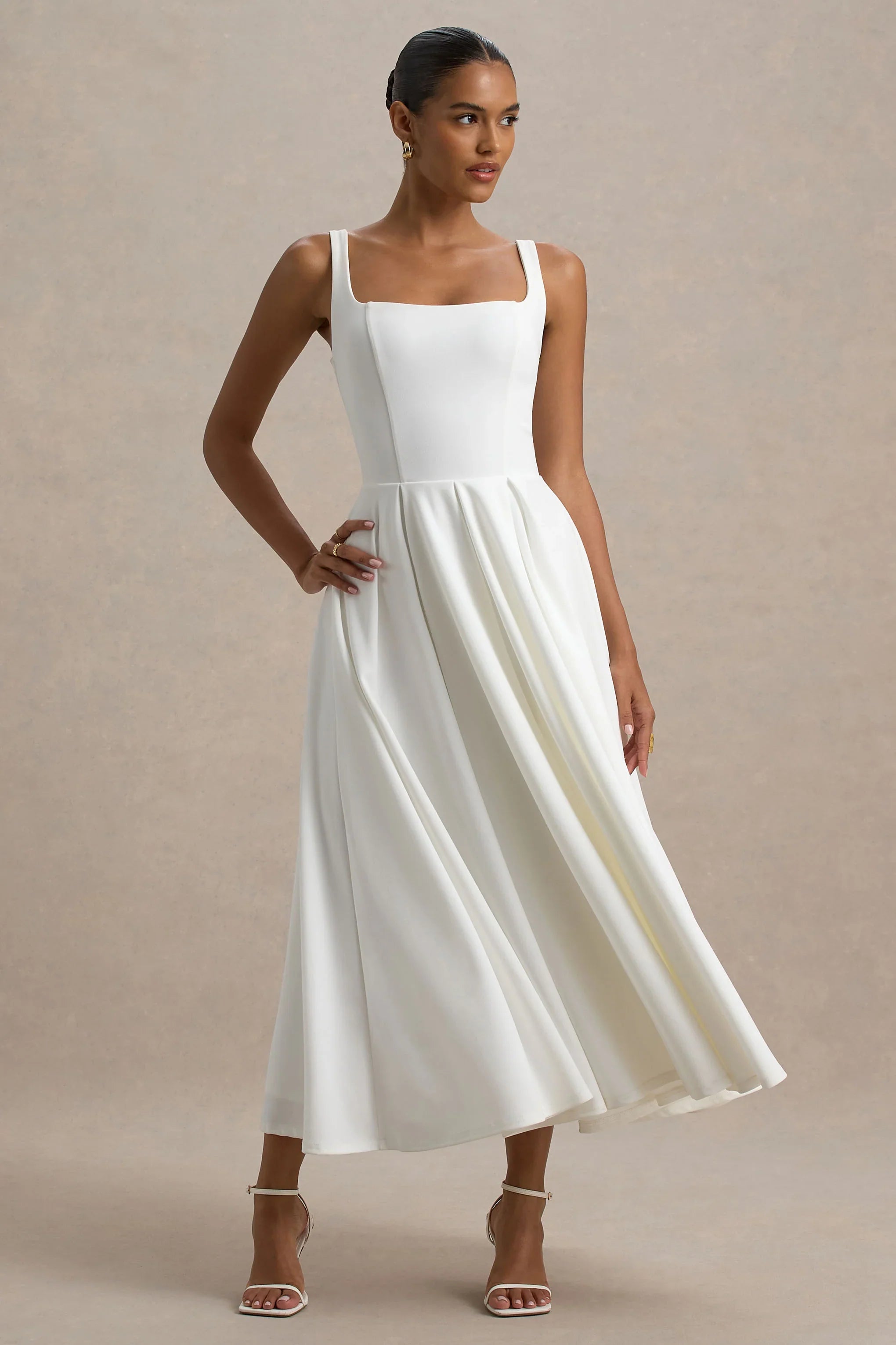 Parina White Strappy Volume Hem Midi Dress