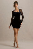 Off Piste Black Velvet Bodycon Mini Dress With Sheer Sleeves