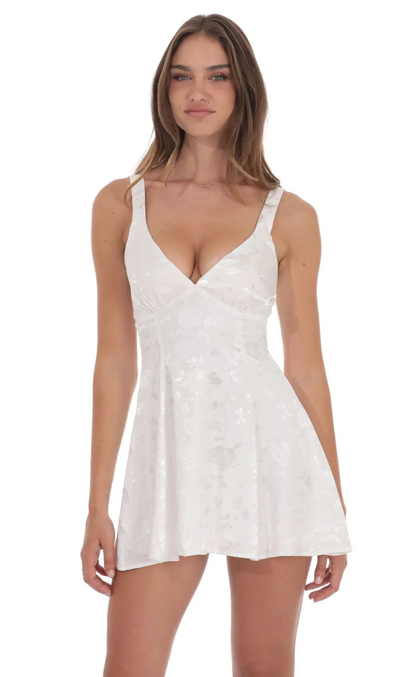 Floral Jacquard A Line Dress in White