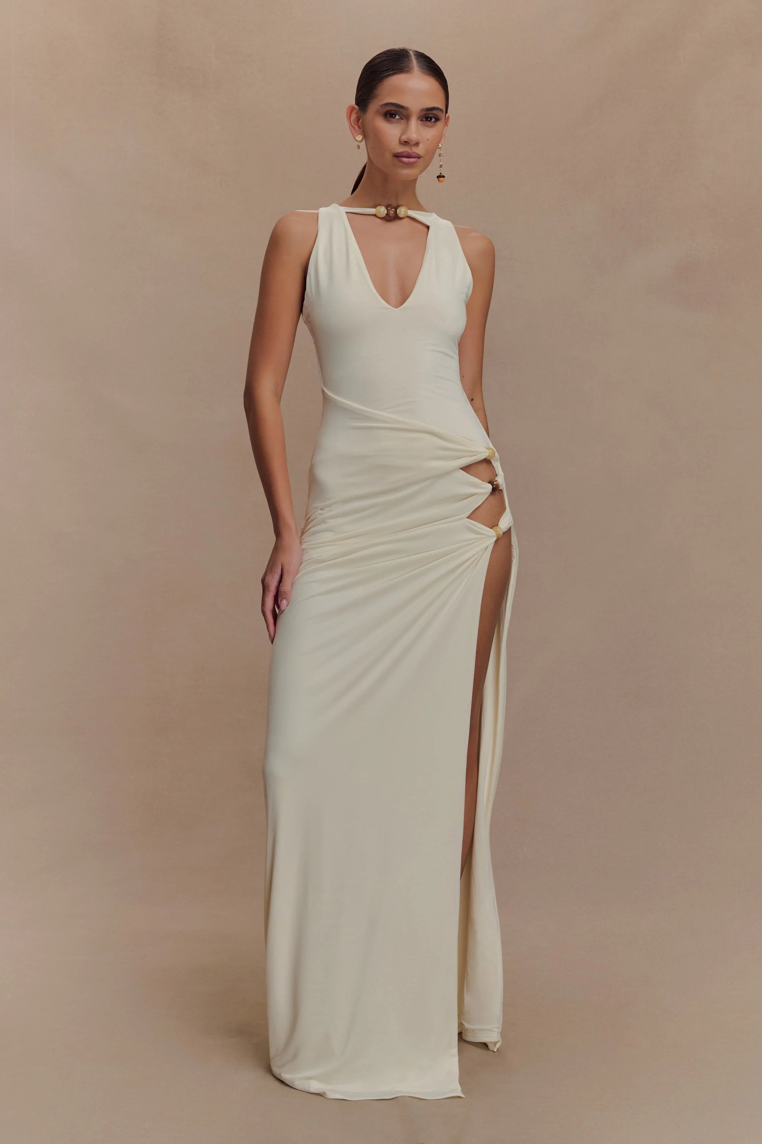 Kaiden Slinky Beaded Maxi Dress Ivory