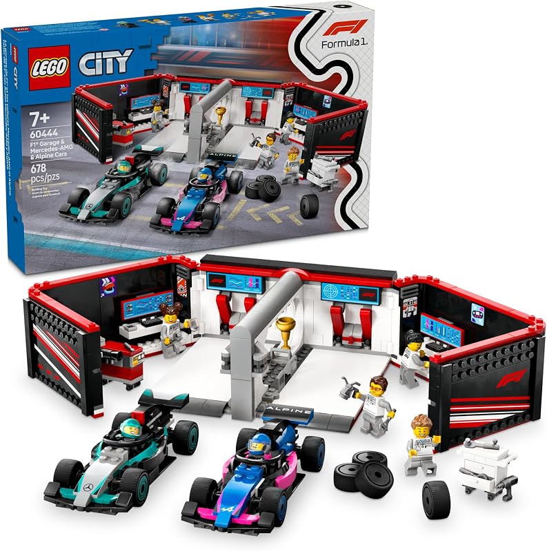 LEGO City F1 Garage Mercedes AMG Alpine Cars Toy Model Race Car Building Toy and Portable Playset for Kids Boys and Girls Ages 7 F1 Collectible for Fans Gift Idea for Birthdays 60444
