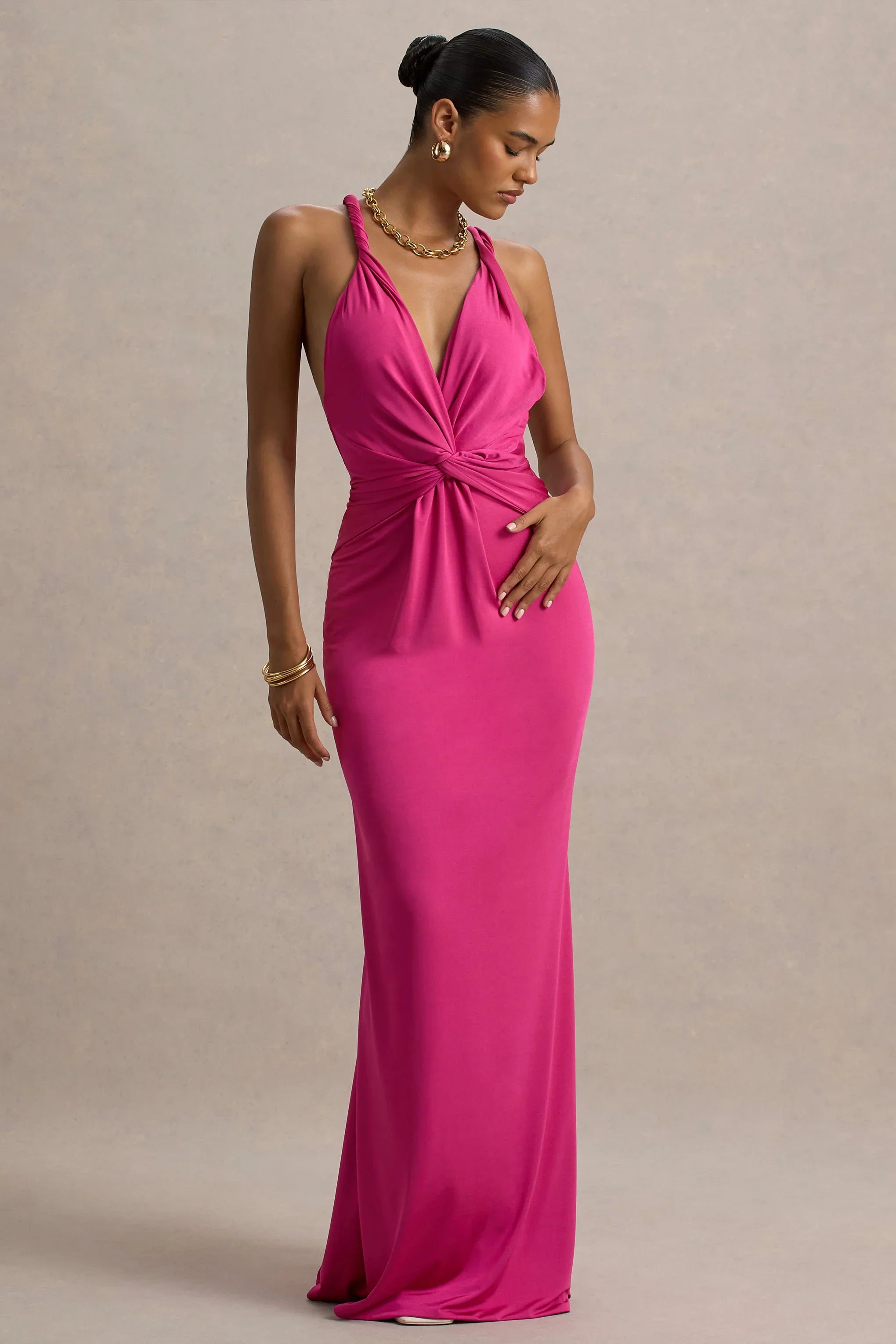 Santez Hot Pink Twisted Plunge Neck Maxi Dress